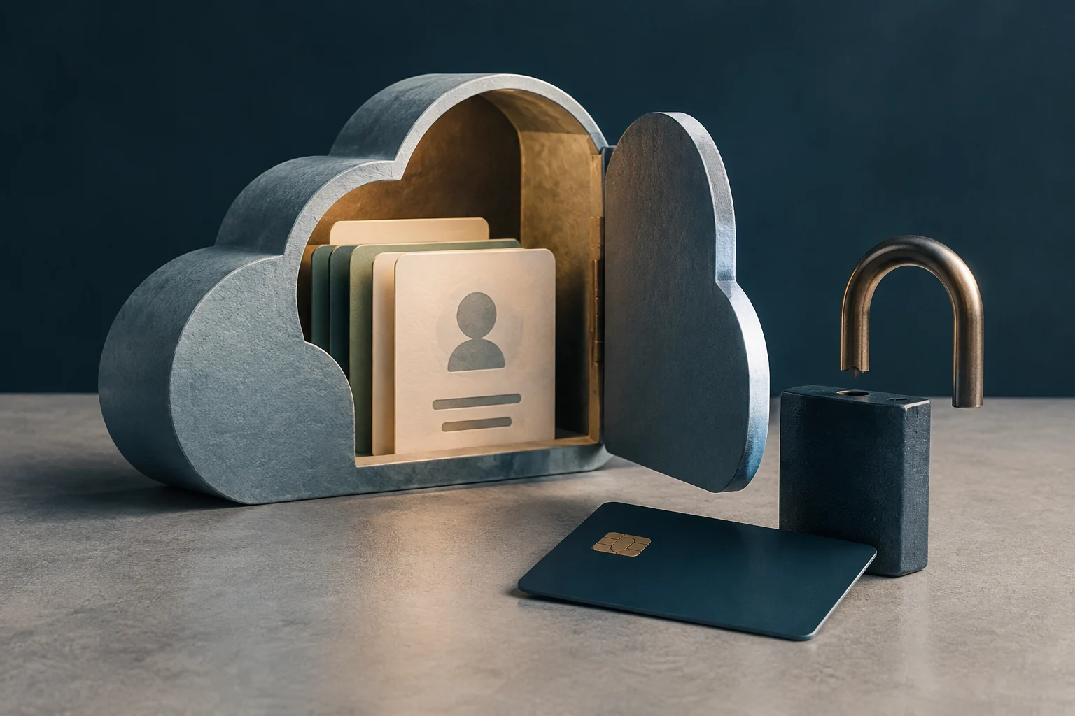 An open cloud-shaped storage container holds several contact cards; an open padlock and a dark card sit beside it.