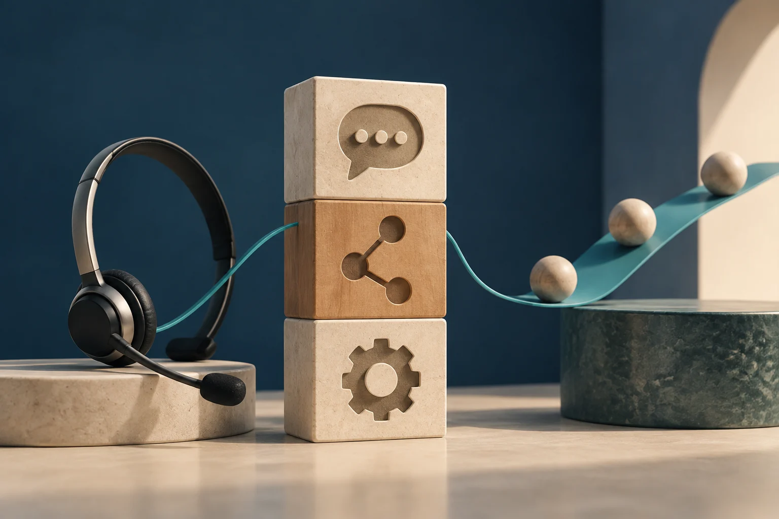 A headset with a microphone sits beside three stacked blocks bearing conversation, connection, and gear symbols; a wavy ribbon with spheres runs between the objects.