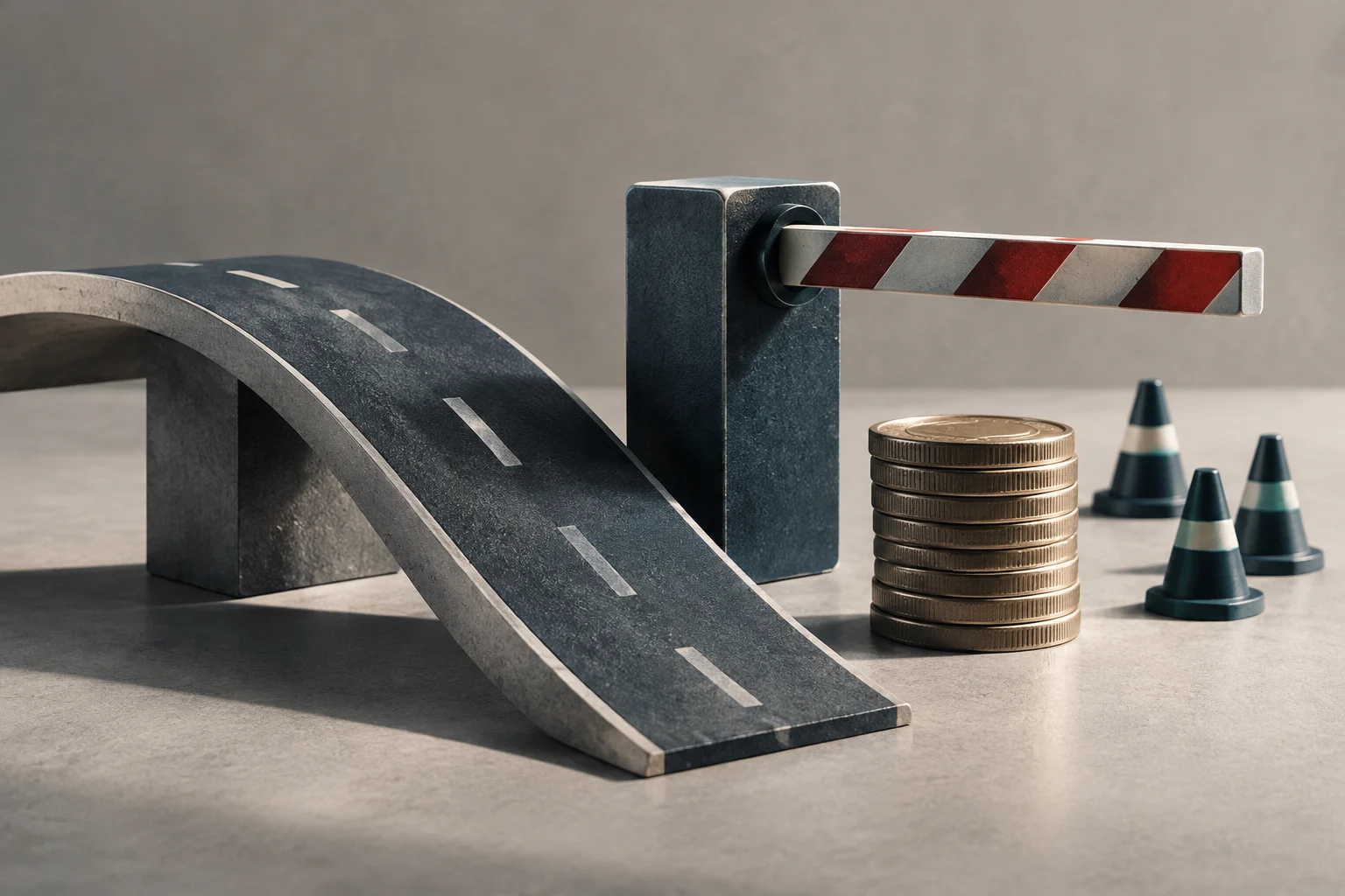 A miniature curved road passes beneath a raised toll barrier; a stack of coins and several traffic cones stand beside it.