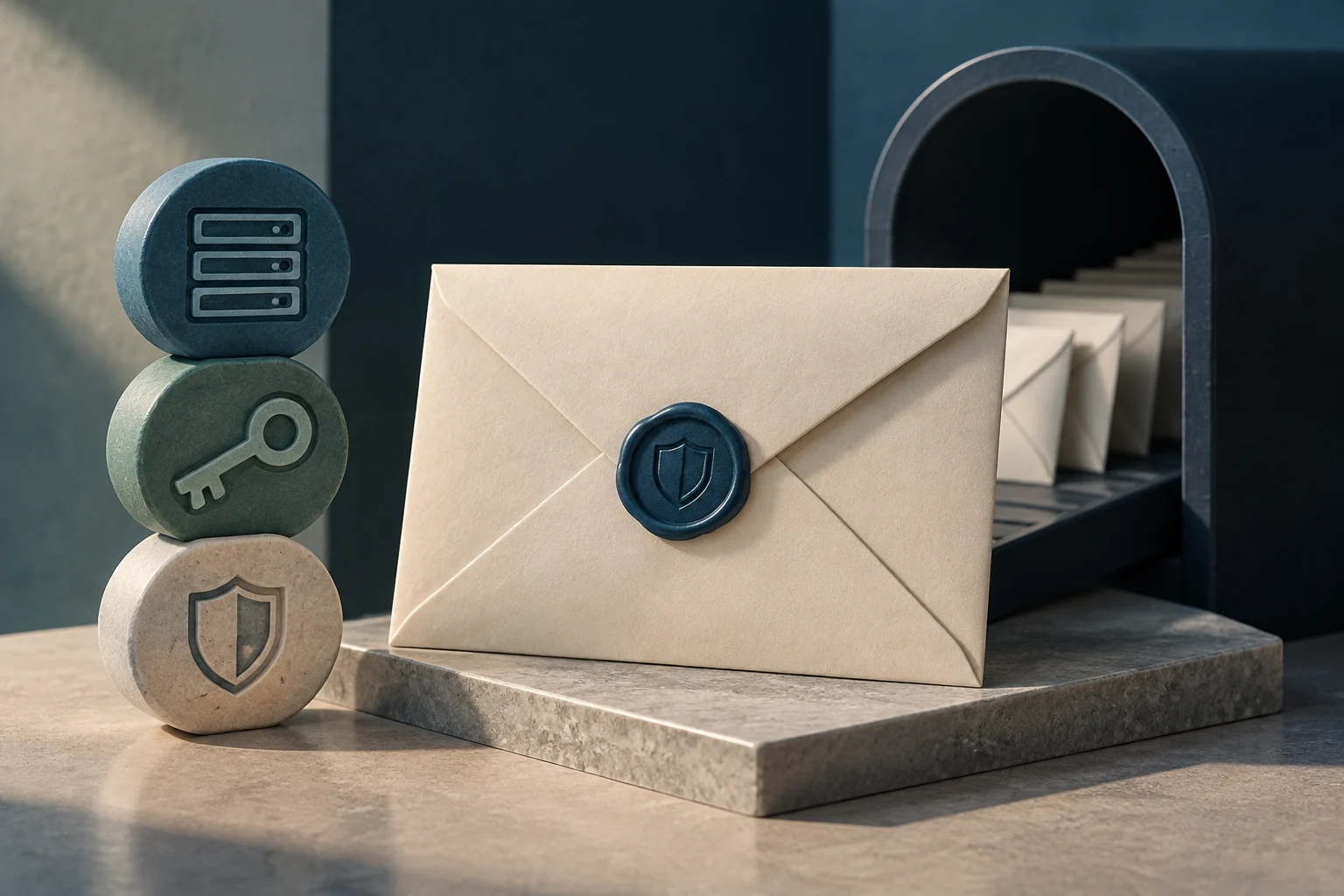 3D illustration of a paper envelope with a blue wax seal featuring a shield, accompanied by three stacked discs with server, key, and shield icons, on a stone surface.