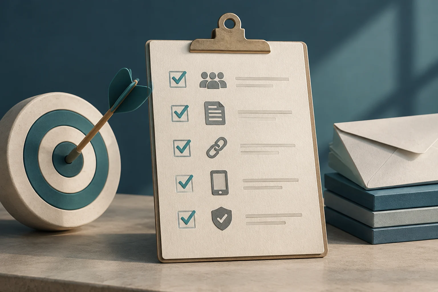 3D illustration of a clipboard with a checklist featuring audience, document, link, mobile, and security icons, next to a target with an arrow and a stack of mail envelopes.