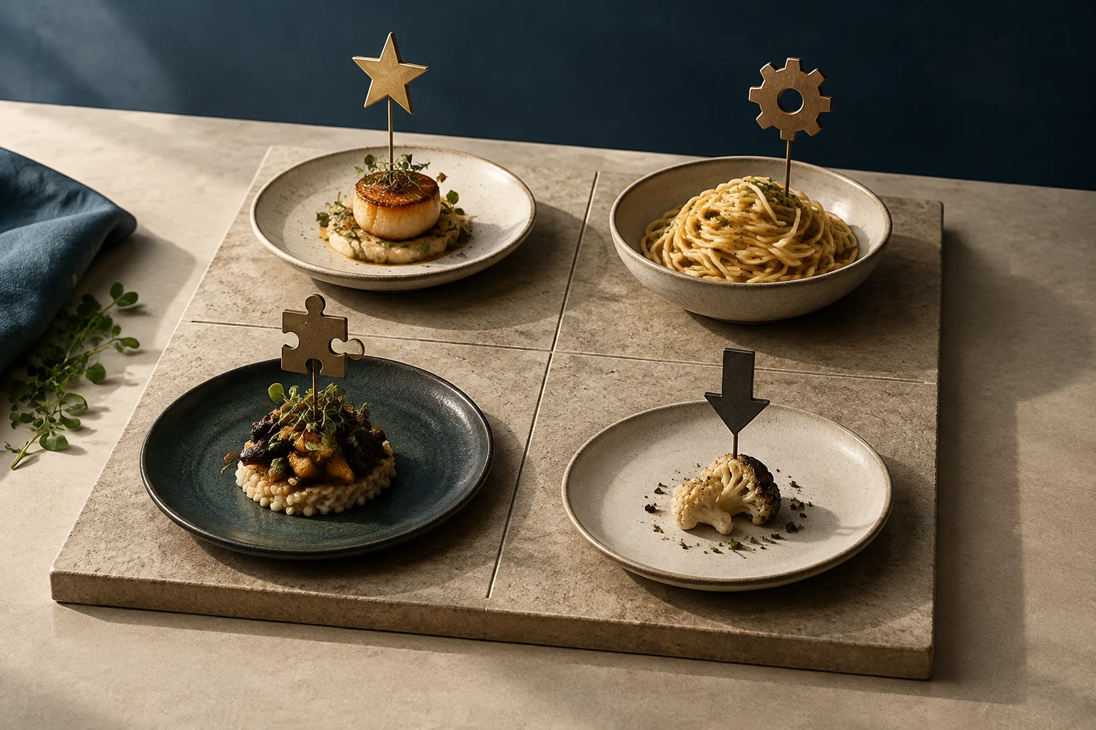 Four different dishes arranged in a two-by-two grid on a stone surface: one topped with a star, another with a gear, another with a puzzle piece, and another with a downward arrow.