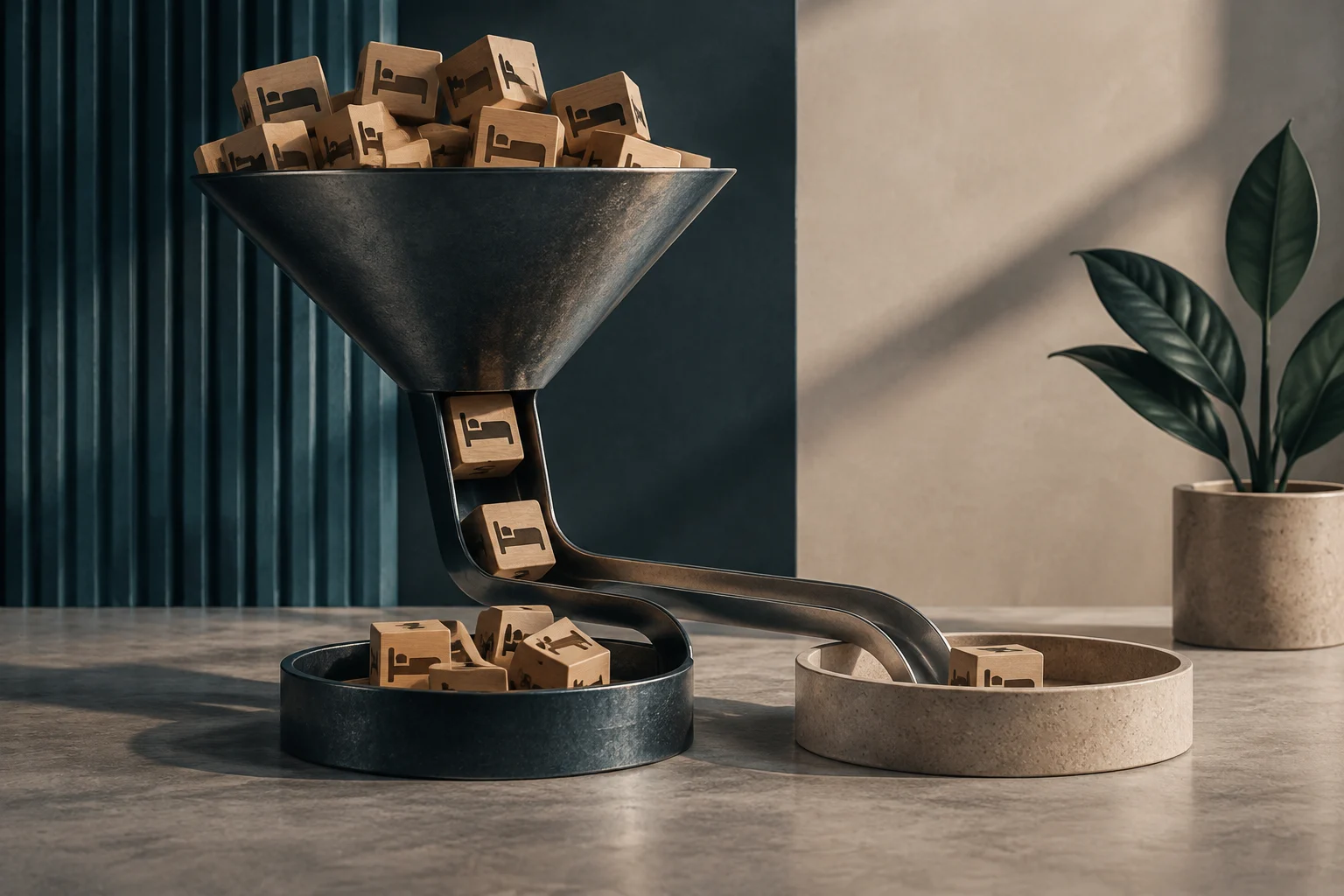 A metal funnel on a table filters wooden cubes with bed icons into two circular bowls, one dark and one light, with a plant in the background.