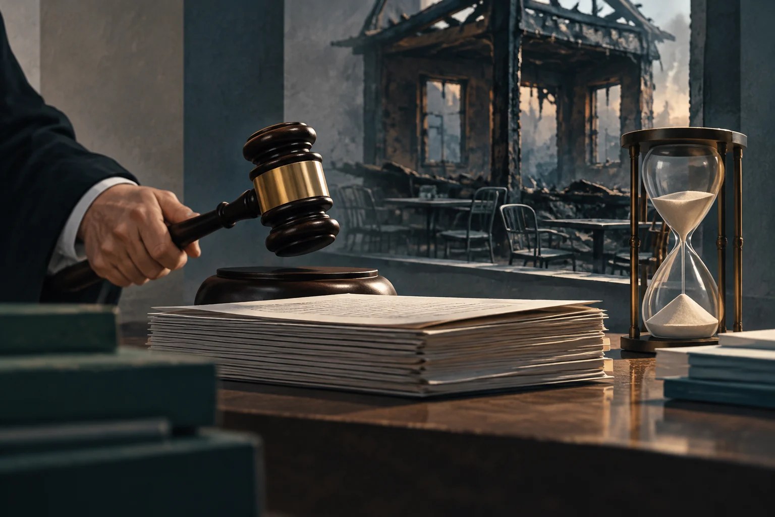 Un mazo judicial sobre una pila de documentos y un reloj de arena aparecen delante de un restaurante calcinado.