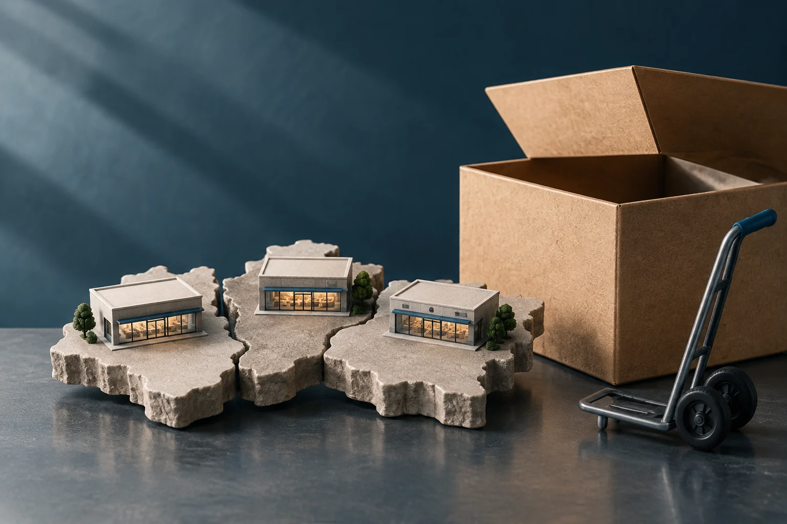 Tres pequeñas tiendas se encuentran sobre una plataforma de piedra fragmentada, junto a una caja de cartón abierta y una carretilla de carga.