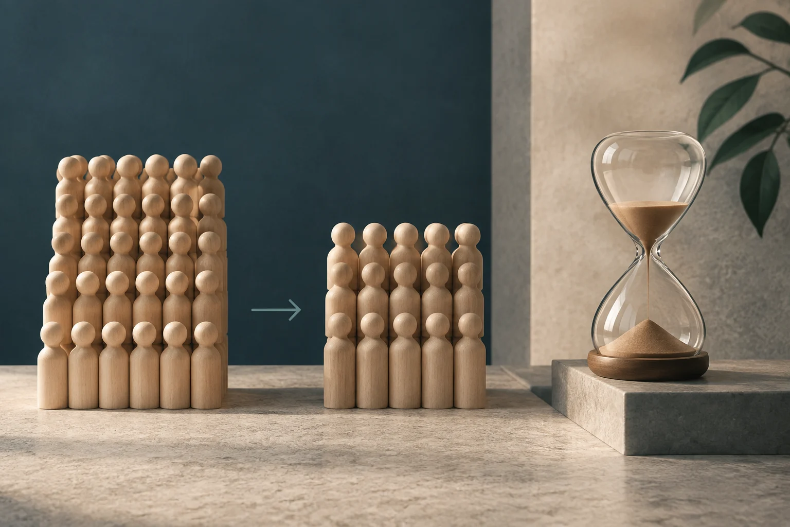 Un grupo grande de figuras de madera apunta, mediante una flecha, a otro grupo más pequeño; a la derecha hay un reloj de arena.