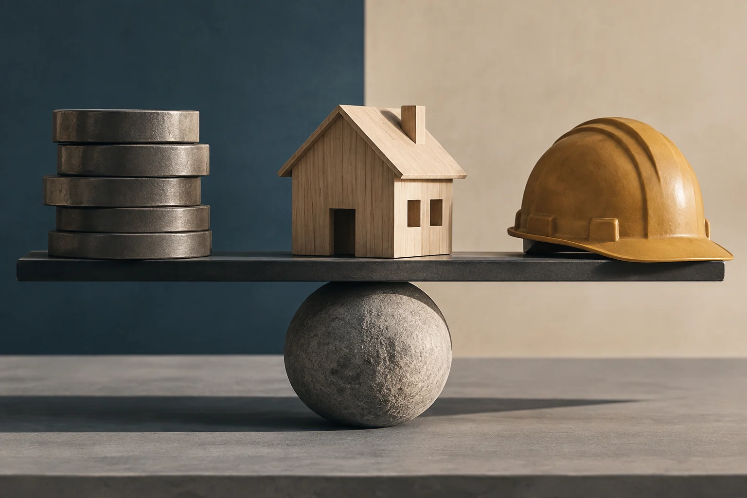 Una casa de madera, una pila de monedas y un casco de obra reposan sobre una barra equilibrada sobre una esfera de piedra.