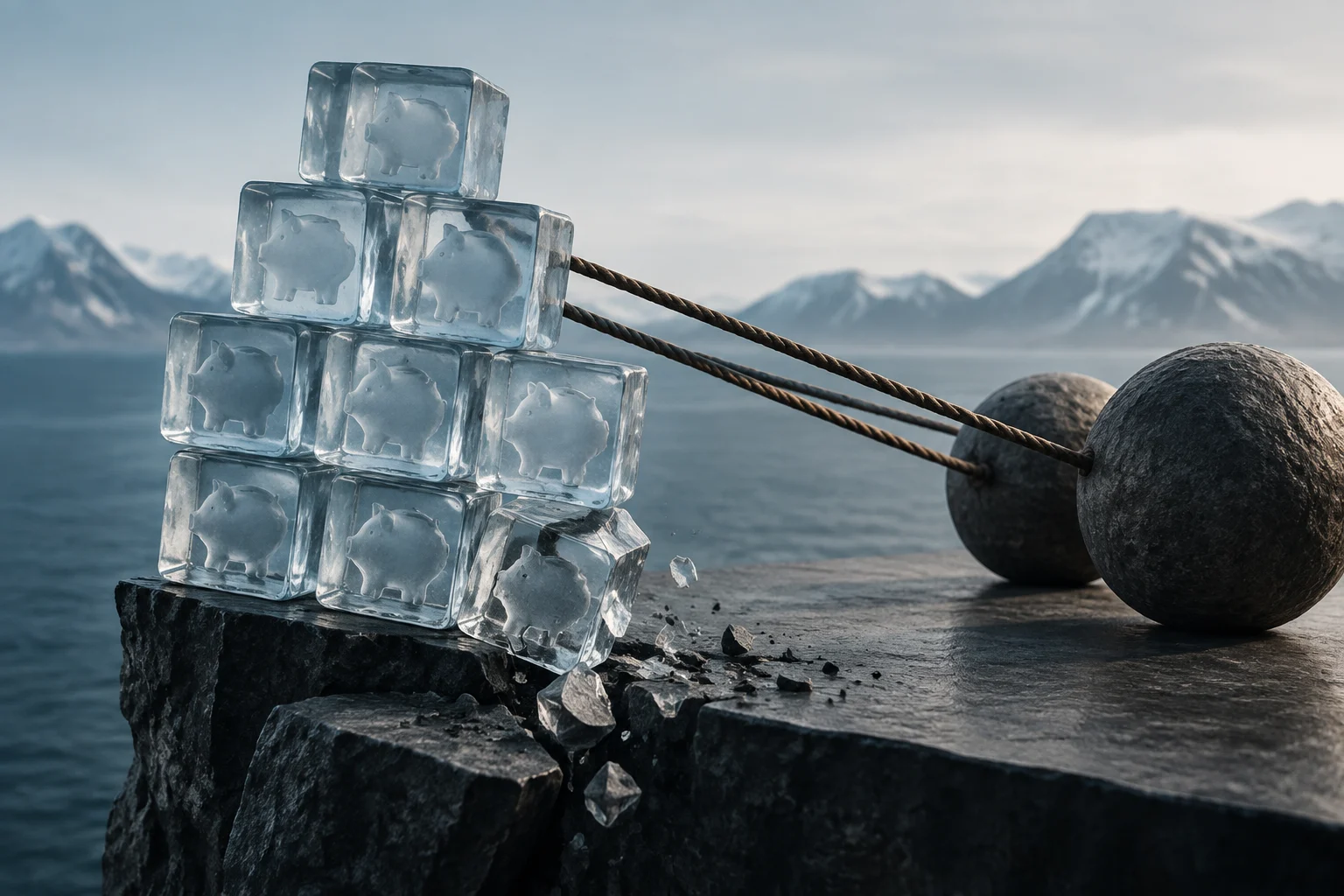 Varias huchas aparecen dentro de bloques de hielo apilados al borde de una plataforma rocosa; algunos bloques se rompen y caen fragmentos. Unas cuerdas tensas conectan la pila con dos grandes esferas oscuras, ante un paisaje de montañas y agua.