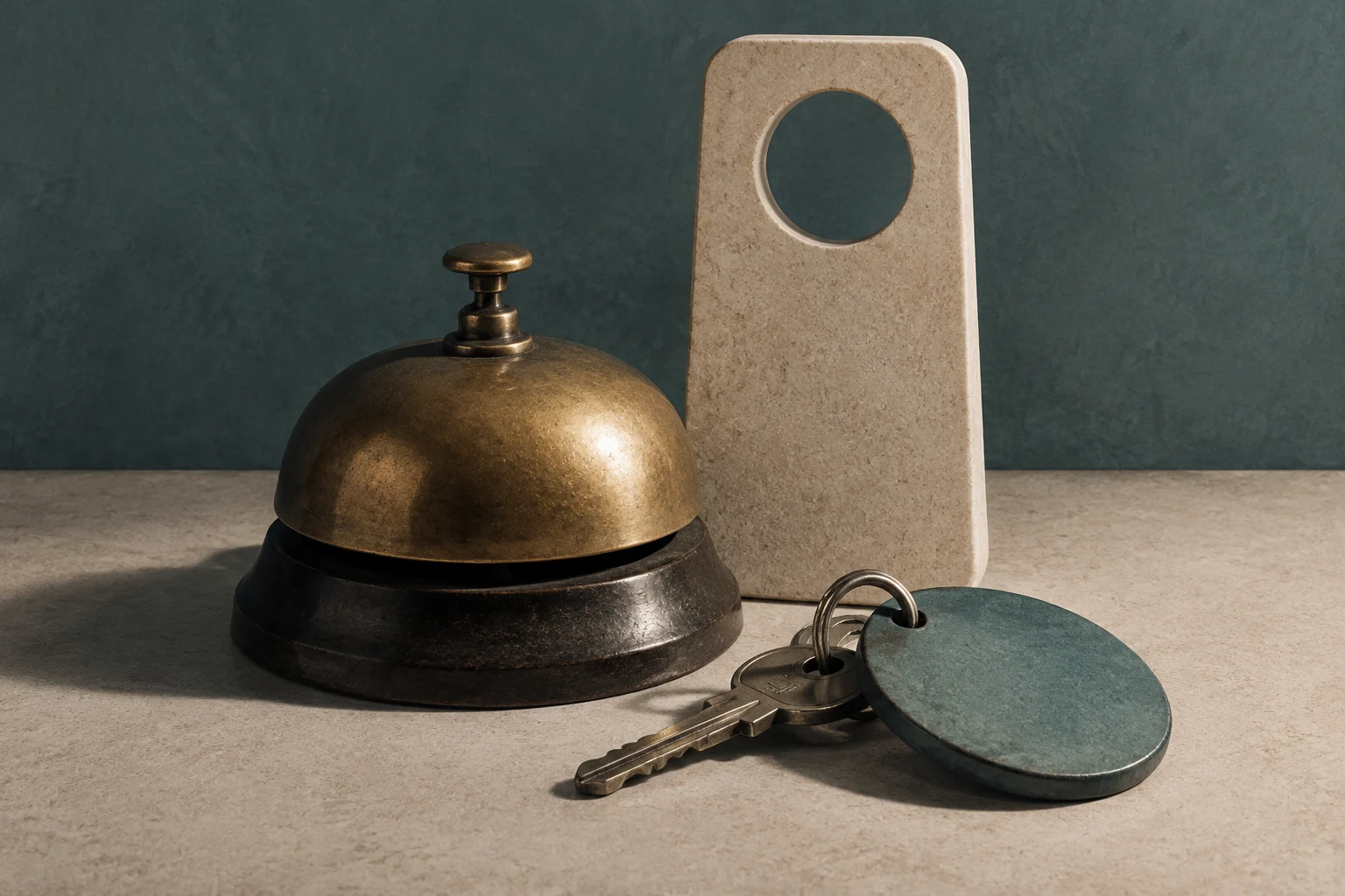 Una campana de recepción de bronce, una llave con un llavero verde y un colgador de puerta sin texto sobre una superficie de piedra.