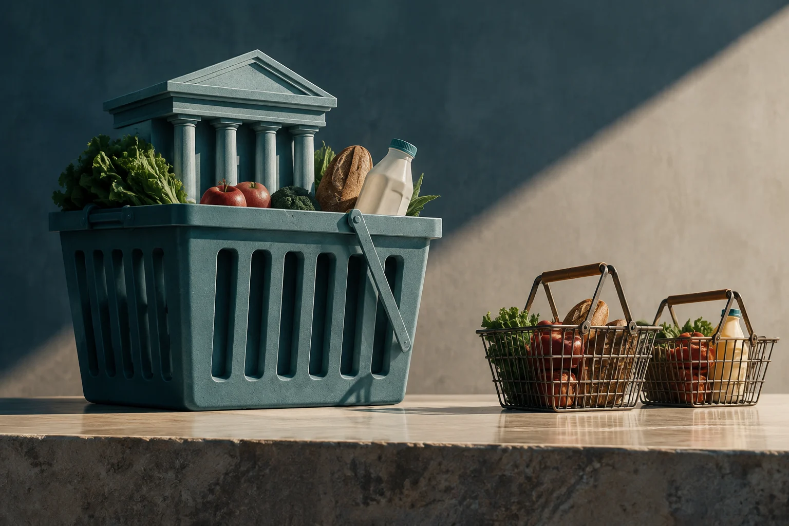 Una cesta grande llena de verduras, manzanas, pan y leche lleva sobre ella un edificio clásico con columnas; a su lado hay dos cestas de compra metálicas más pequeñas con alimentos.