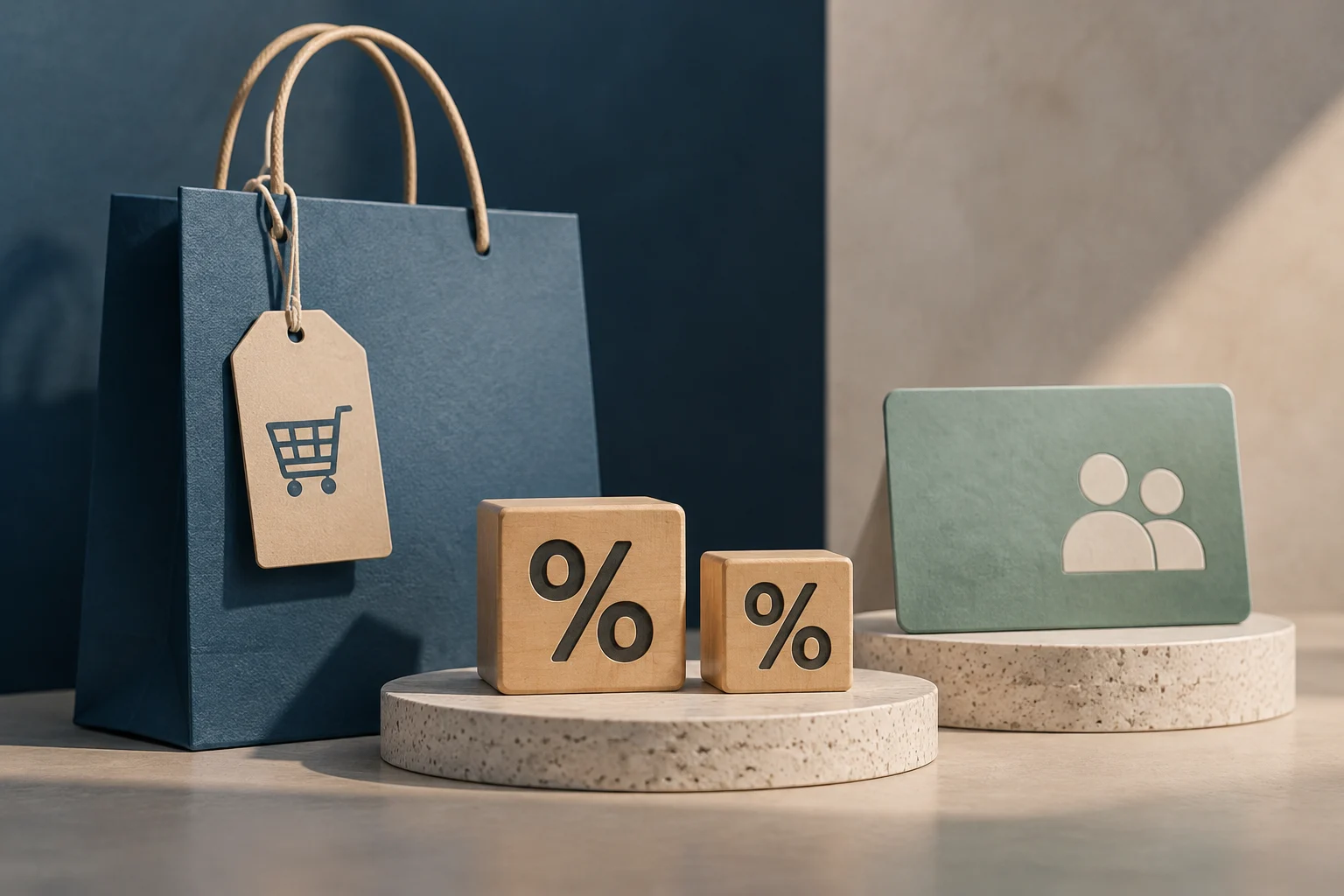 Una bolsa de compras azul con una etiqueta que lleva un carrito, dos bloques de madera con símbolos de porcentaje y una tarjeta verde con un icono de personas, dispuestos sobre pedestales.
