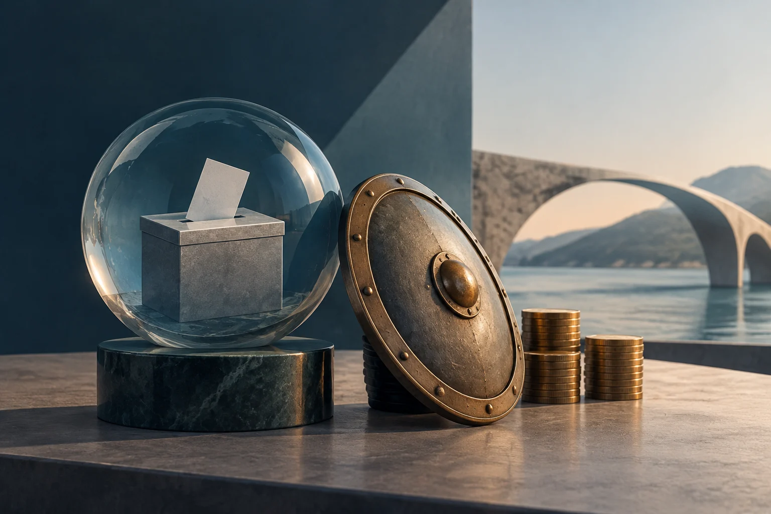 Una urna de piedra con una papeleta en blanco, dentro de una esfera de cristal, junto a un escudo metálico y pilas de monedas; al fondo se ve un puente sobre el agua.