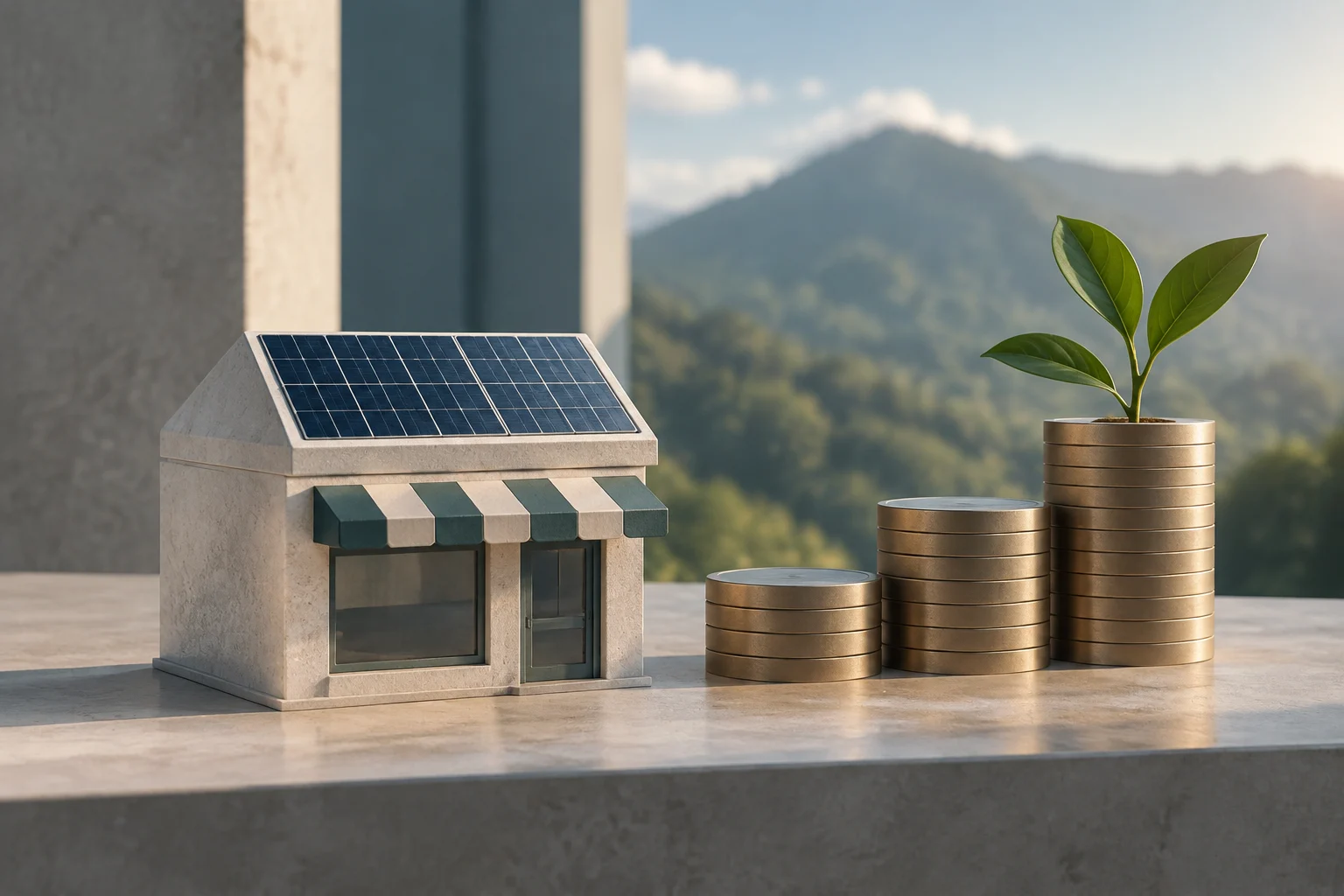 Una pequeña tienda con un panel solar en el tejado, junto a tres pilas de monedas de distinta altura y un brote que crece sobre la más alta.