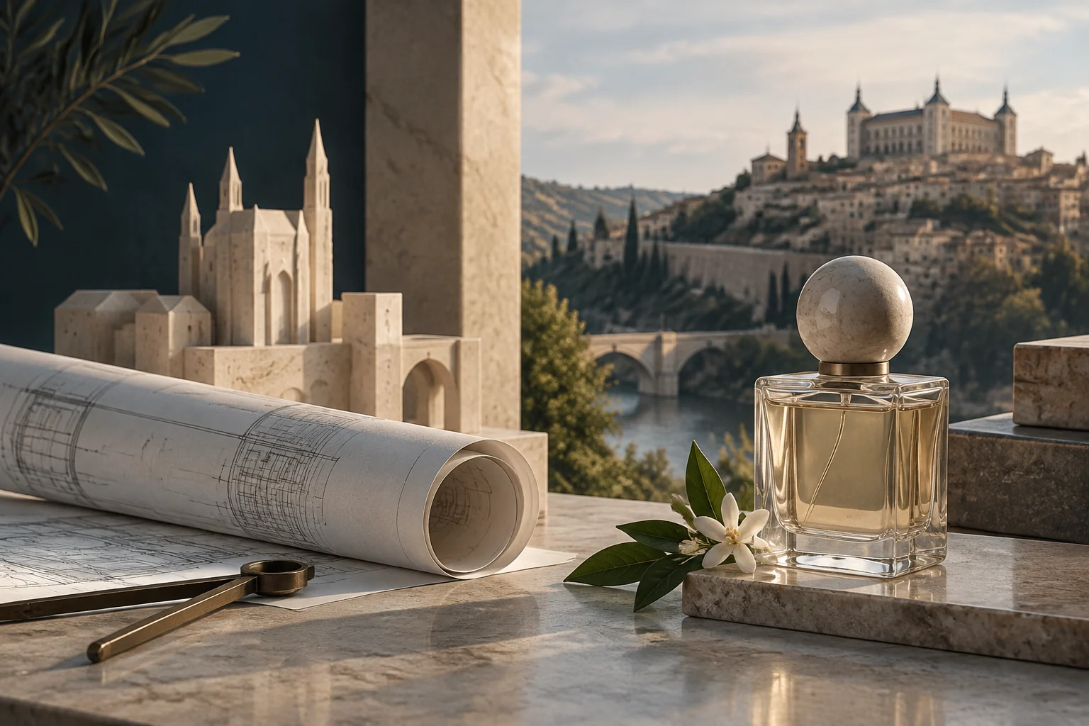 Unos planos arquitectónicos enrollados y un compás descansan junto a un frasco de perfume y una flor blanca; al fondo se ve una ciudad histórica con un puente de piedra.