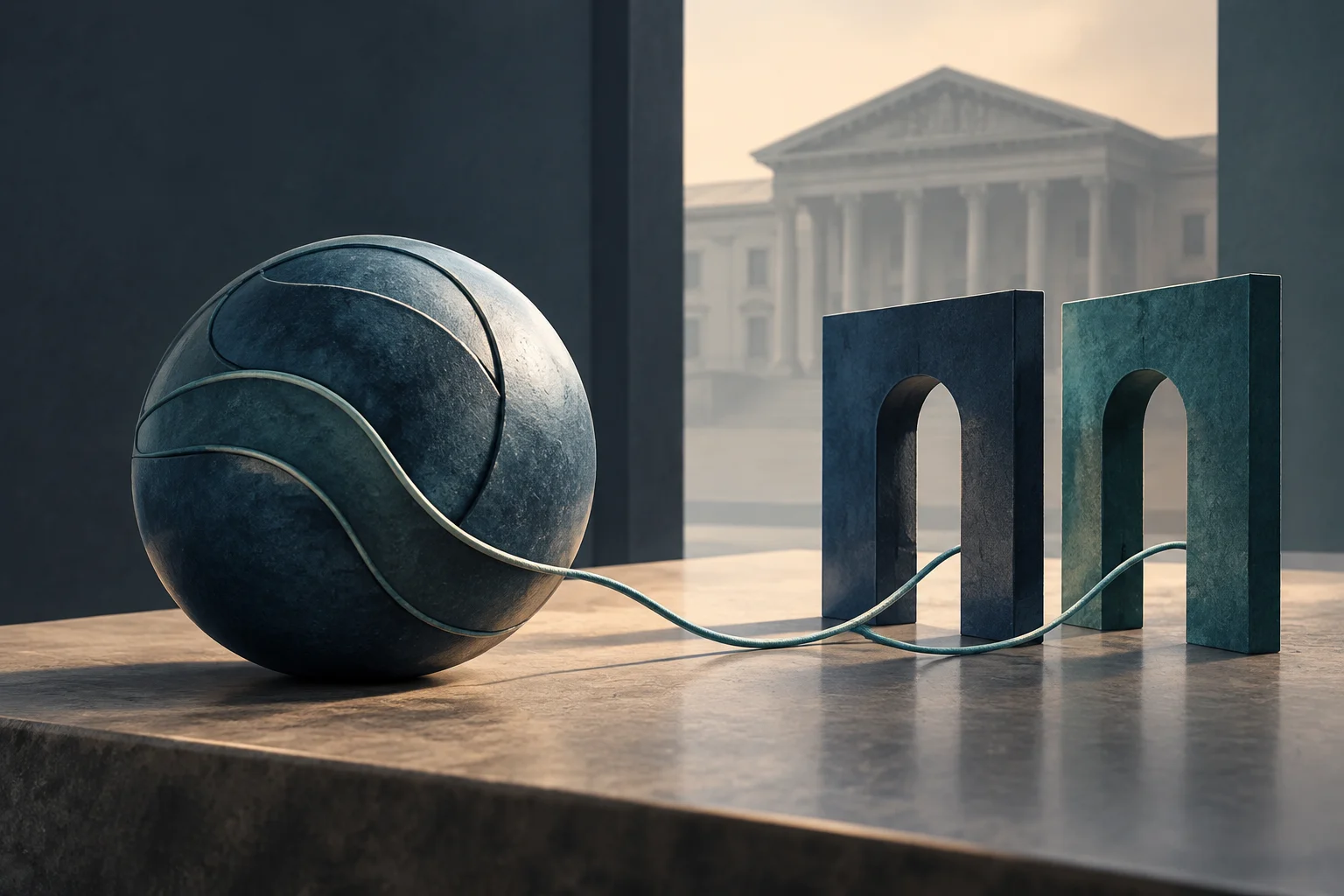 Una esfera oscura con una línea curva semejante a un cable se conecta con dos bloques rectangulares abiertos, delante de un edificio de columnas y frontón.