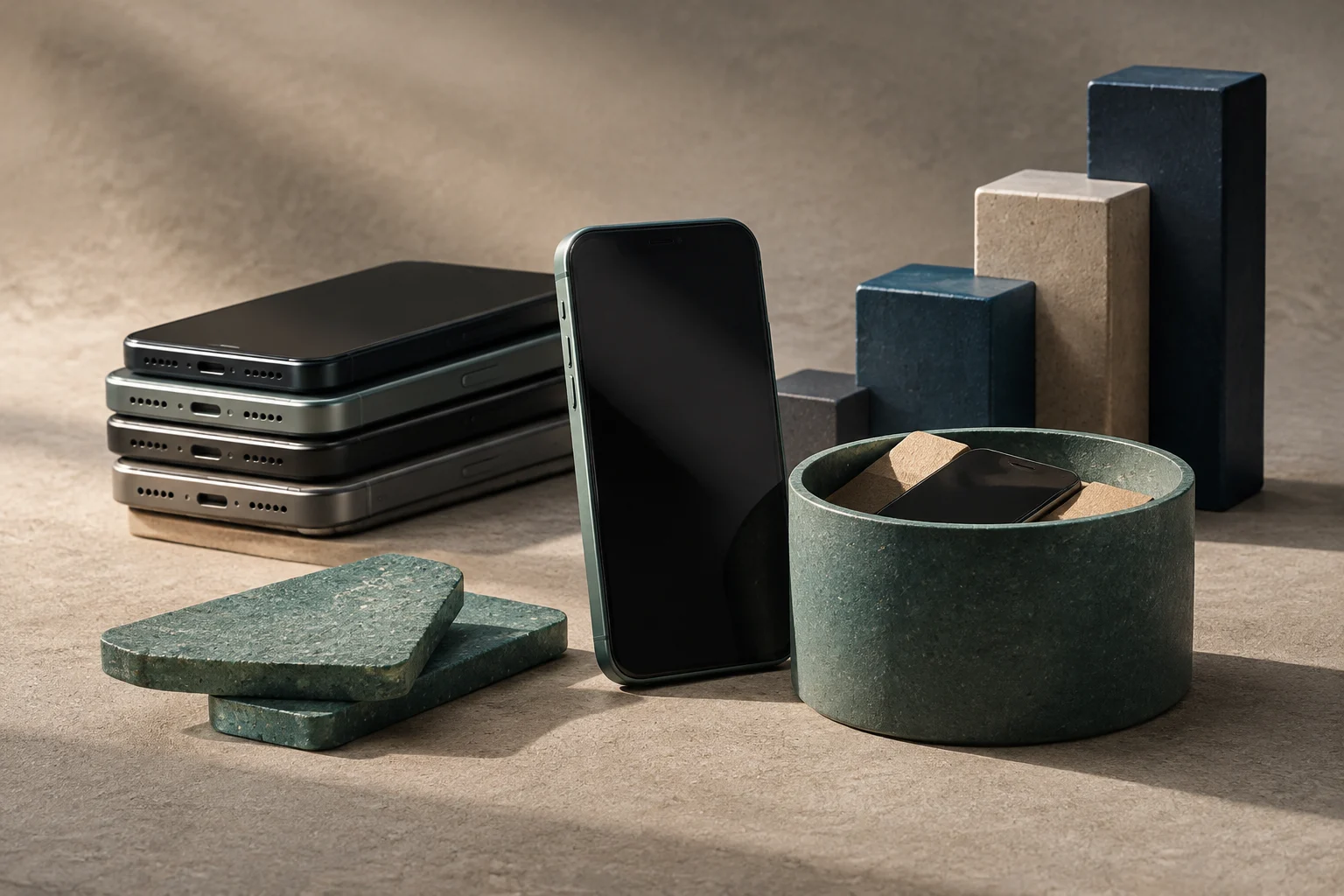 Varios teléfonos móviles negros, unos apilados y otros colocados en un recipiente, sobre una superficie de tonos terrosos junto a bloques de piedra.
