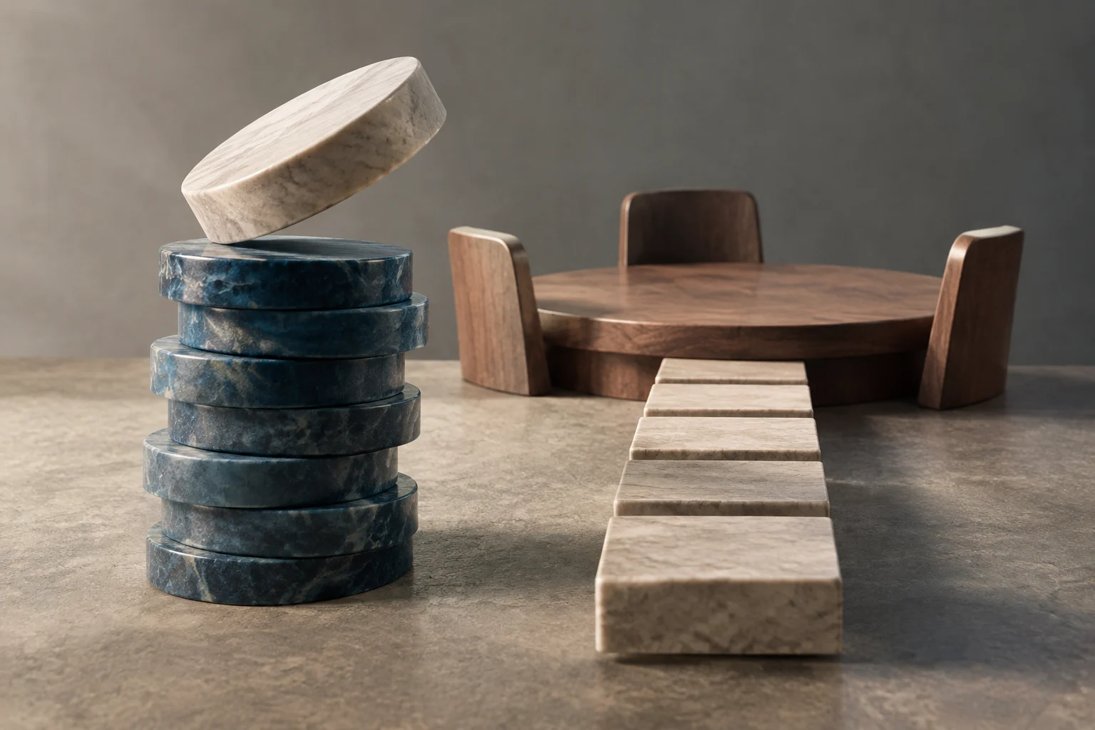 Fichas circulares de piedra azul apiladas, con una ficha clara inclinada encima. Una hilera de bloques claros conduce hacia una mesa redonda de madera rodeada de sillas.