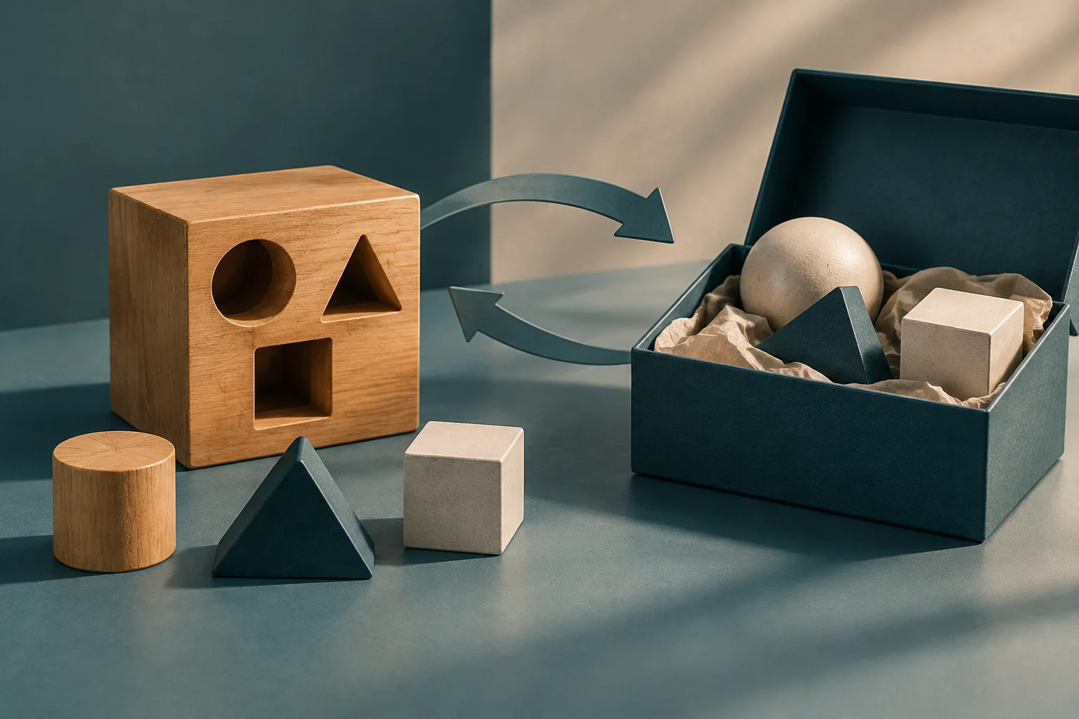 Un bloque de madera con aberturas circulares, triangulares y cuadradas está junto a varias piezas geométricas. Dos flechas curvas apuntan hacia una caja abierta que contiene otras formas.