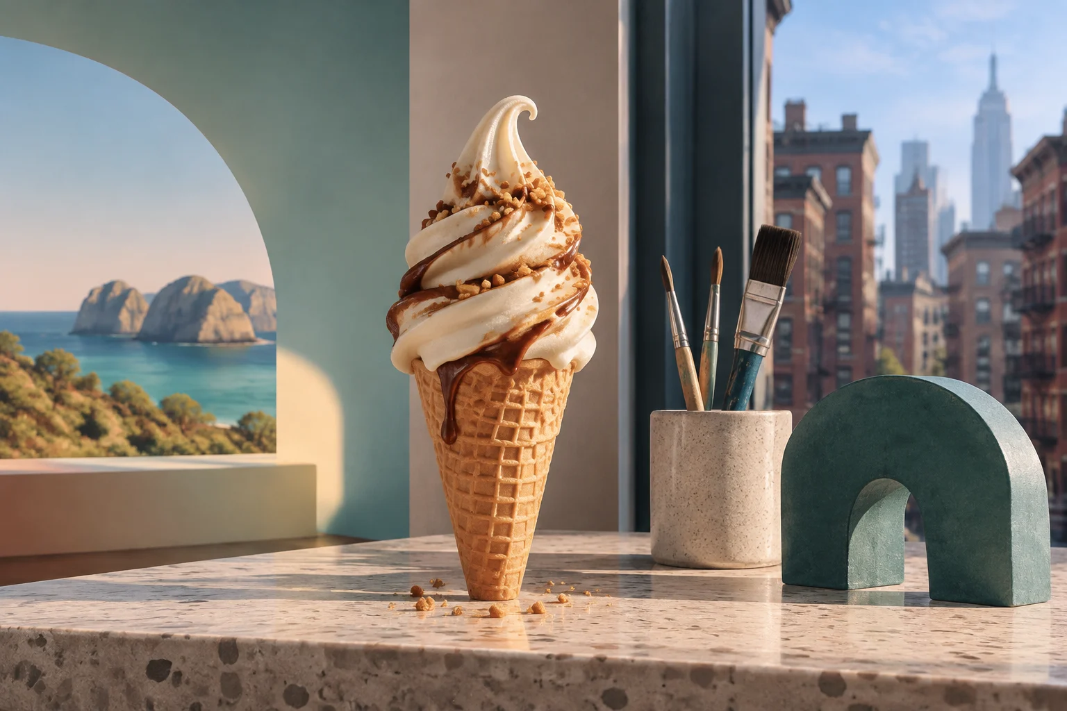 Un helado de crema con salsa de chocolate y trocitos crujientes en un cono ocupa el centro de una mesa de piedra. A su lado hay pinceles y una escultura verde; al fondo se ven edificios altos y, por una abertura arqueada, una costa rocosa.