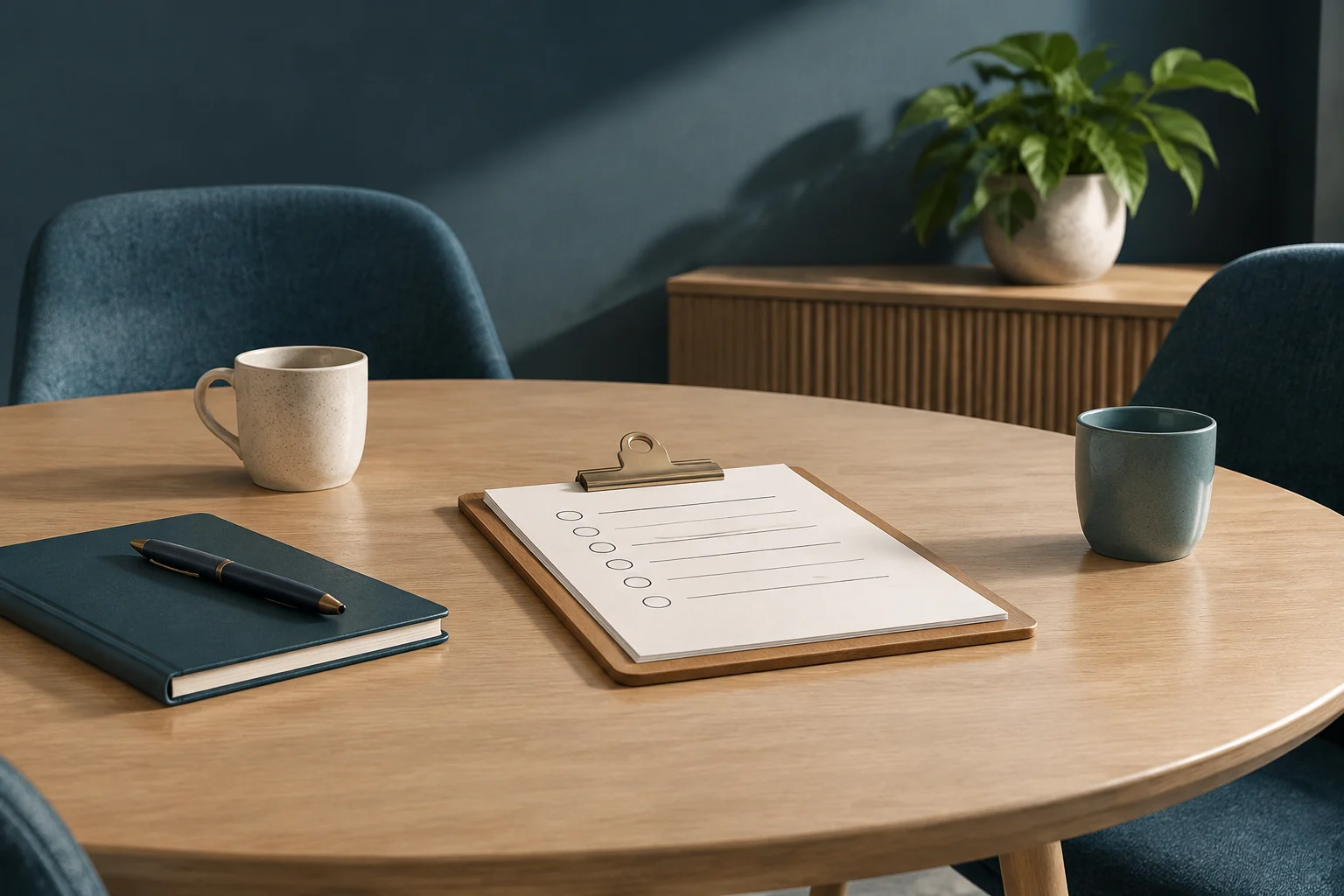 Una lista de verificación en blanco sobre una carpeta, junto a un cuaderno y un bolígrafo, sobre una mesa con dos tazas y sillas.
