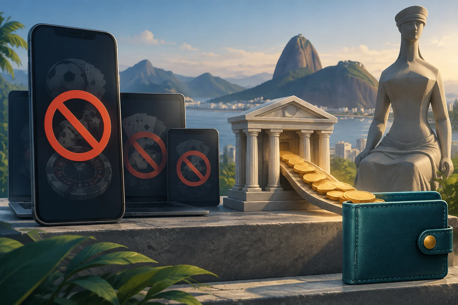 Varios dispositivos muestran símbolos de prohibición sobre imágenes de apuestas. Monedas salen de un edificio con columnas y se dirigen a una cartera abierta; al fondo se ve un paisaje costero con montañas y una estatua alegórica sentada.