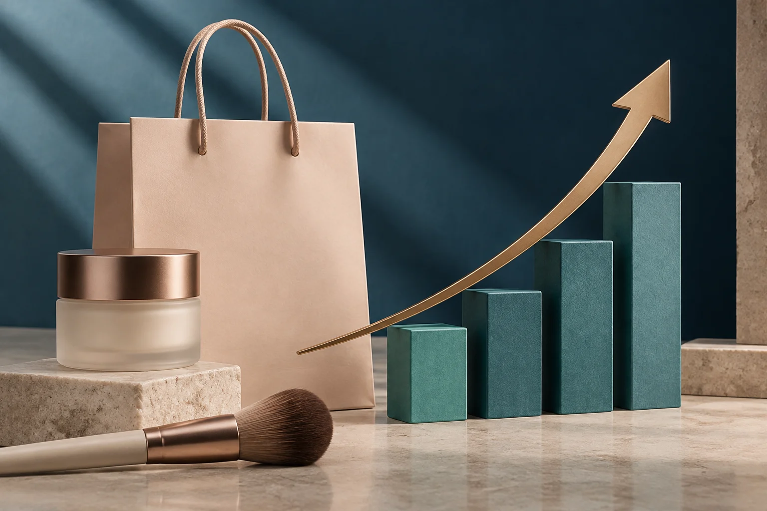 Un tarro de cosmético, una brocha de maquillaje y una bolsa de compras aparecen junto a cuatro barras ascendentes y una flecha dorada que apunta hacia arriba.