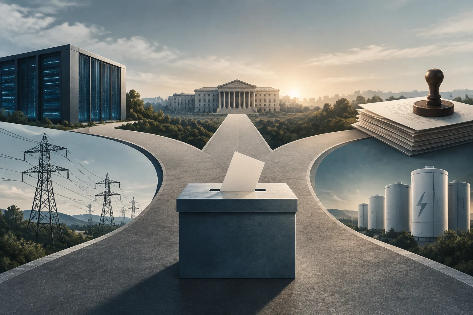 Ilustración conceptual de una urna en primer plano, con un edificio institucional al fondo y, a ambos lados, un centro de datos, torres eléctricas, depósitos de energía y documentos apilados con un sello.