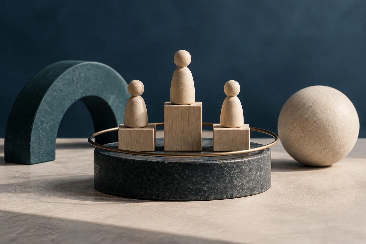 Tres figuras de madera de distintas alturas se alzan sobre pedestales, rodeadas por un aro colocado sobre una base circular.