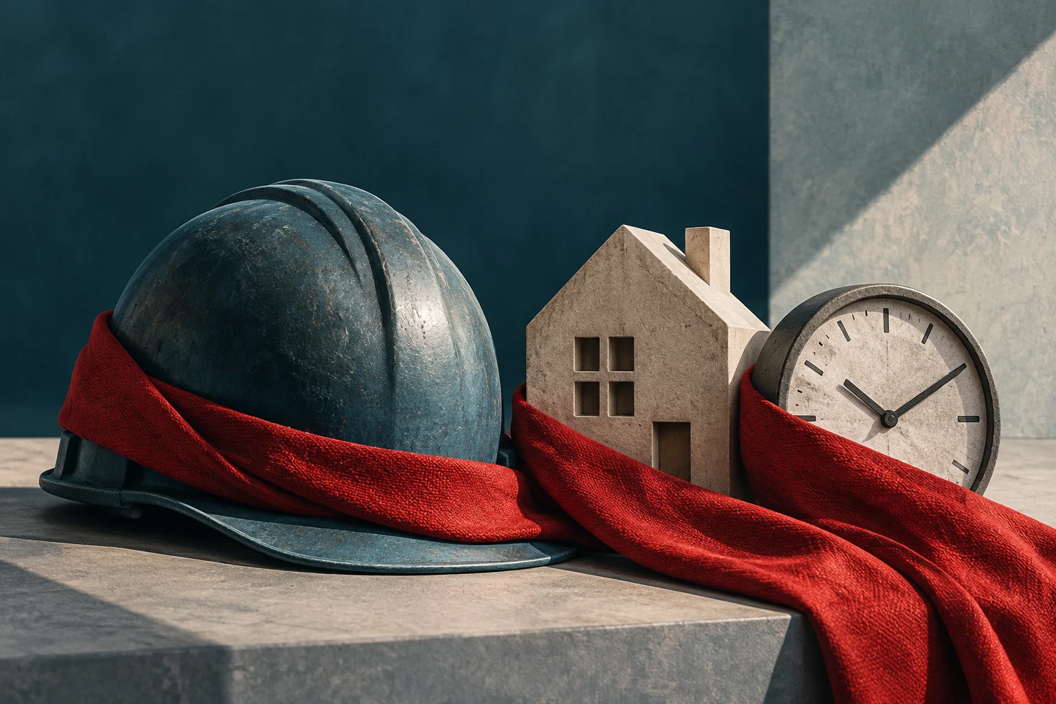 Un casco de obrero, una pequeña casa y un reloj están dispuestos sobre una superficie de piedra y enlazados por una tela roja.