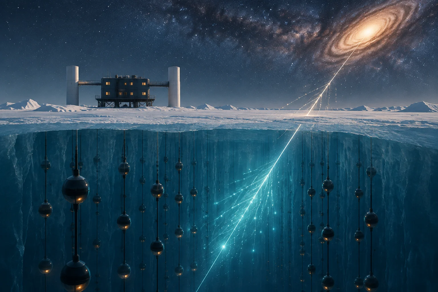 Ilustración de un observatorio sobre una capa de hielo antártica, con sensores suspendidos en profundidad y trazos luminosos que descienden desde una galaxia espiral.
