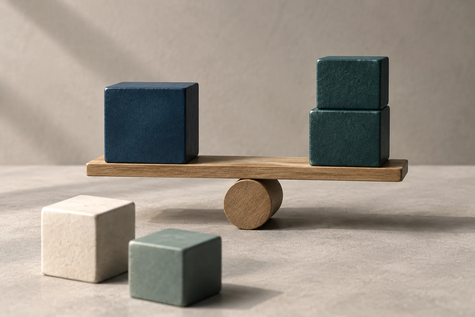 Una balanza de madera sostiene un bloque azul oscuro en un lado y dos bloques verdes apilados en el otro; otros dos bloques están en el suelo.