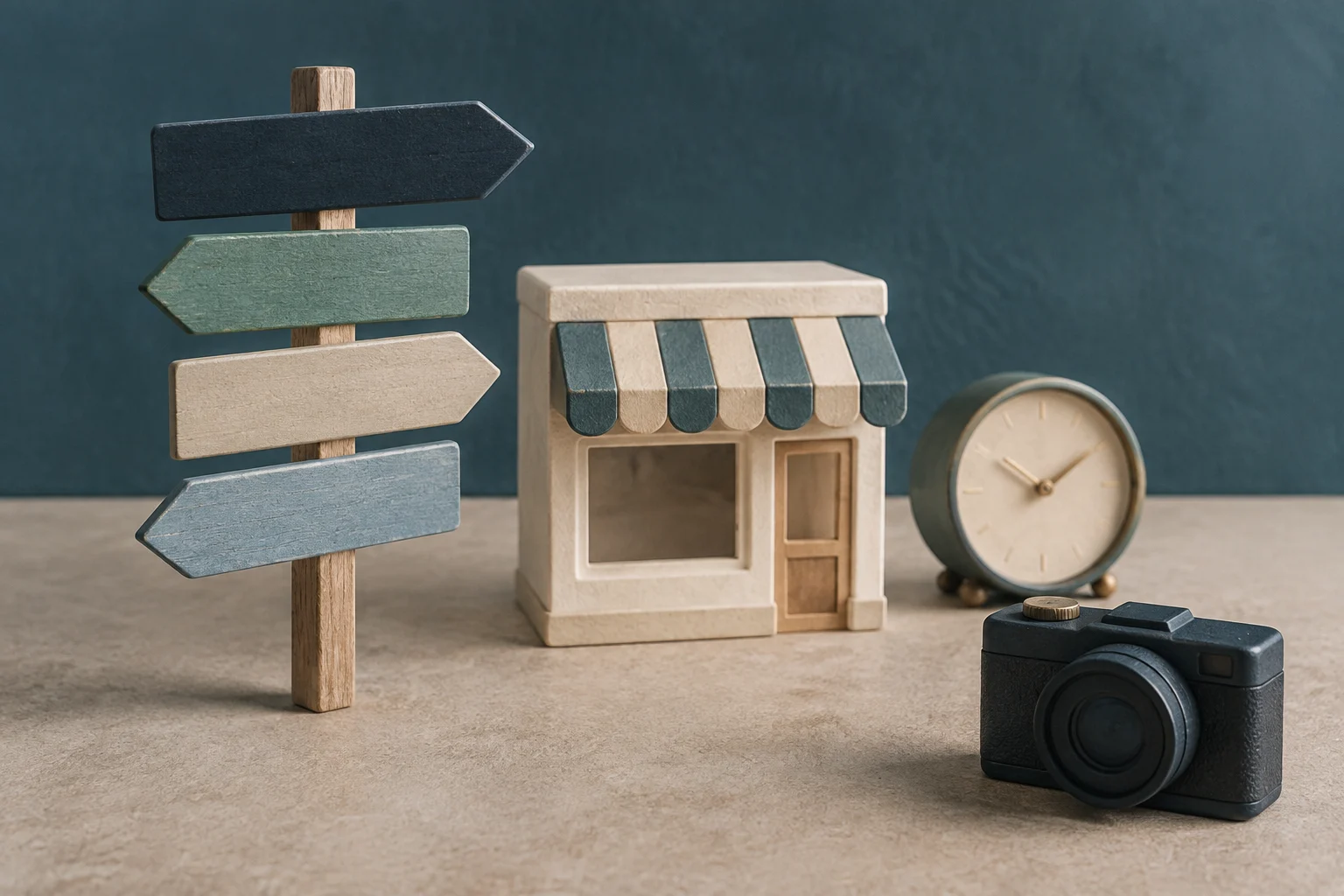 Una pequeña tienda en miniatura con toldo a rayas aparece junto a un poste con varios letreros vacíos, un reloj y una cámara sobre una mesa.