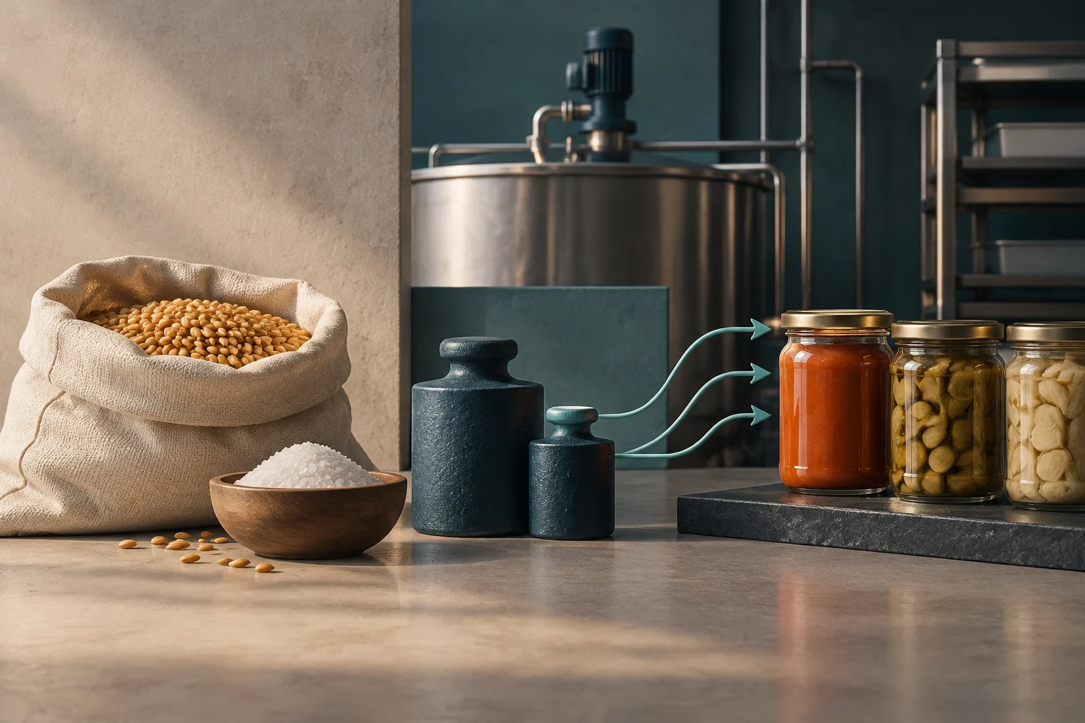 Una bolsa de tela con granos y un cuenco con sal están junto a dos pesas, una cuba industrial y varios tarros de alimentos; unas flechas conectan las pesas con los tarros.