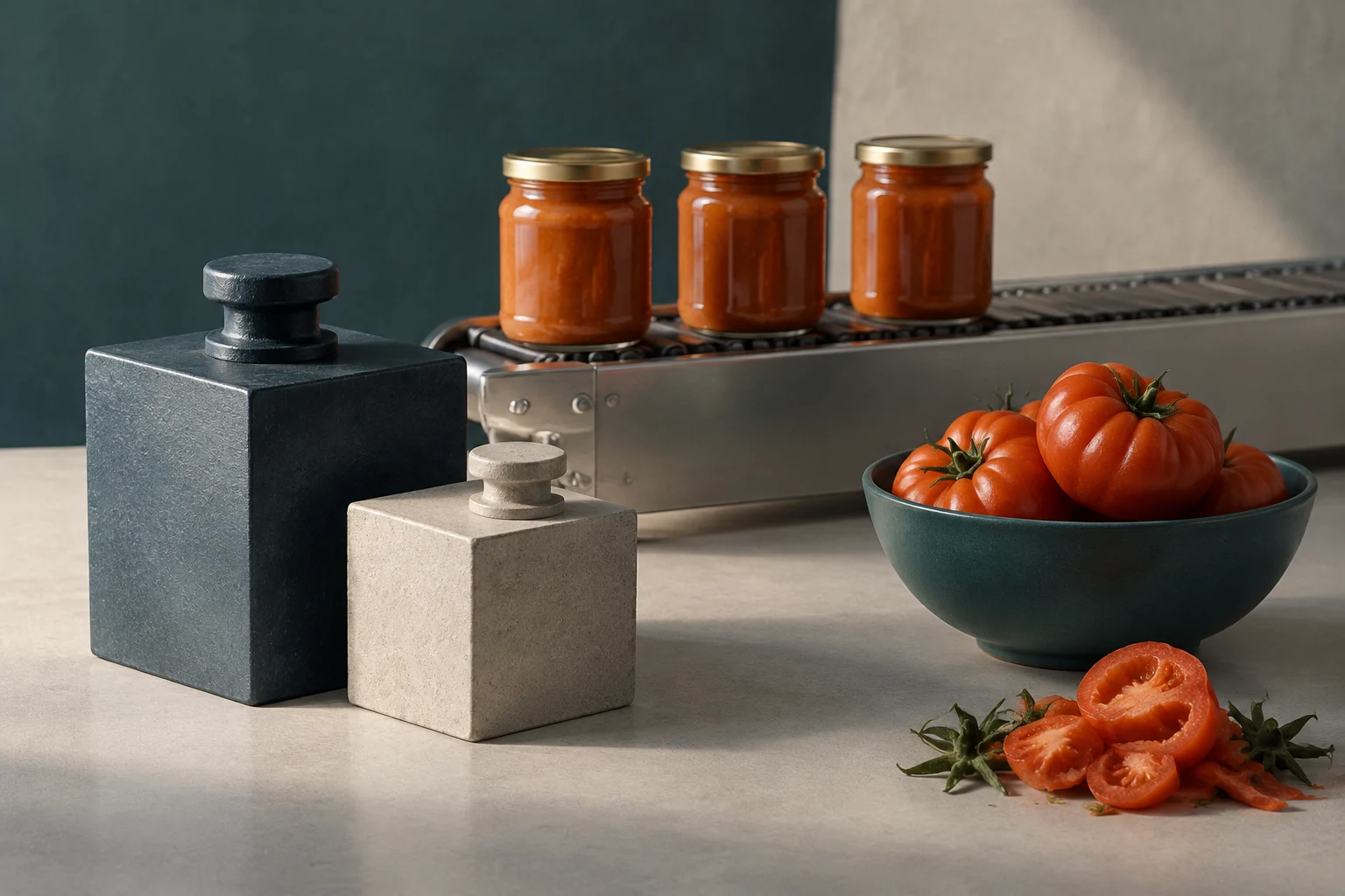 Dos pesas de distinto tamaño junto a tomates frescos y varios tarros de conserva sobre una cinta transportadora.