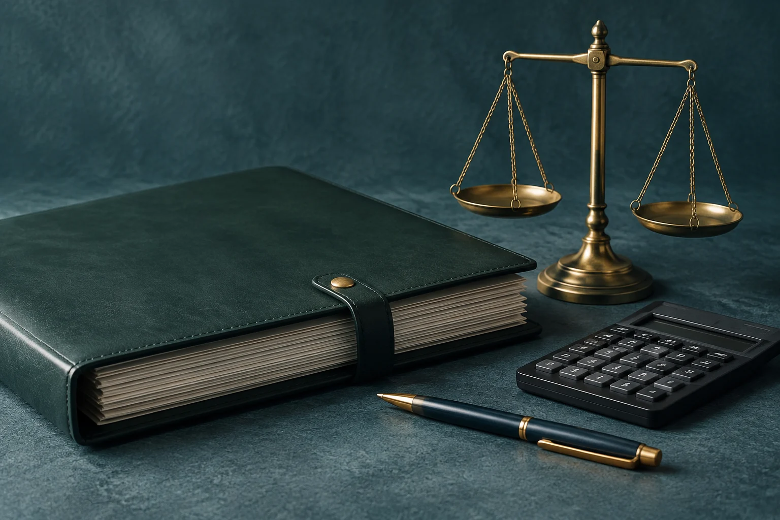 Un libro de cuentas cerrado, una calculadora, un bolígrafo y una balanza sobre una mesa oscura.