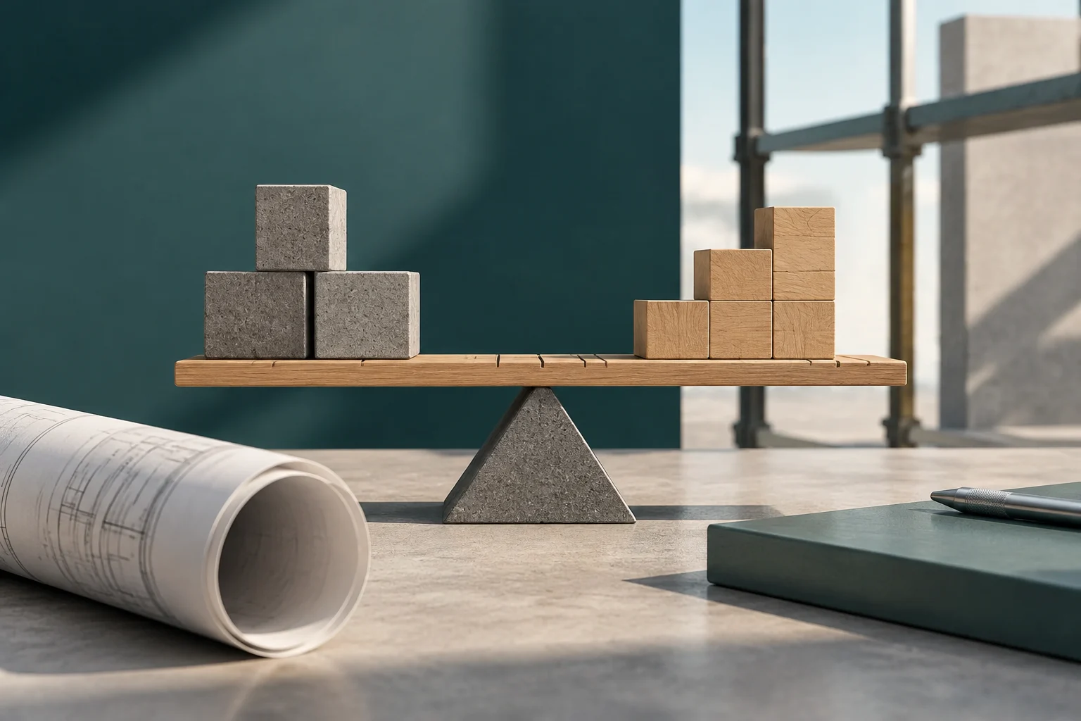 Una balanza de madera sostiene bloques de hormigón a un lado y bloques de madera al otro, sobre una mesa con un plano enrollado; al fondo se ve un andamio.