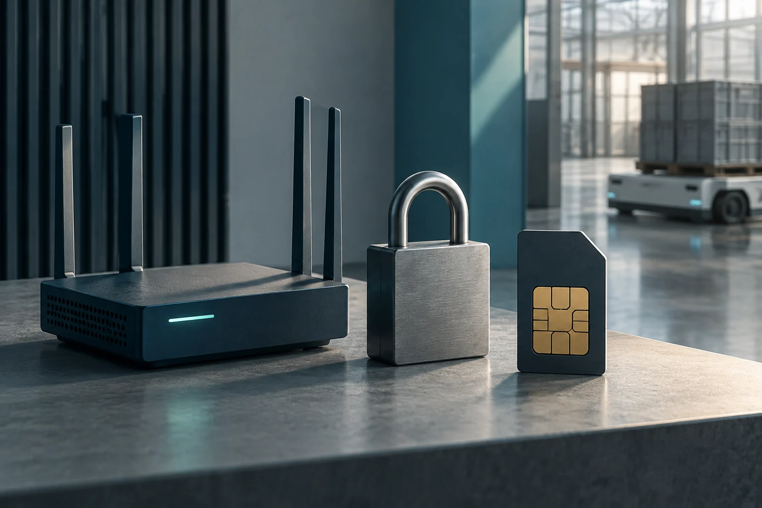 Un router inalámbrico, un candado metálico y una tarjeta SIM están sobre una mesa en un espacio industrial; al fondo se ve un vehículo autónomo de carga.