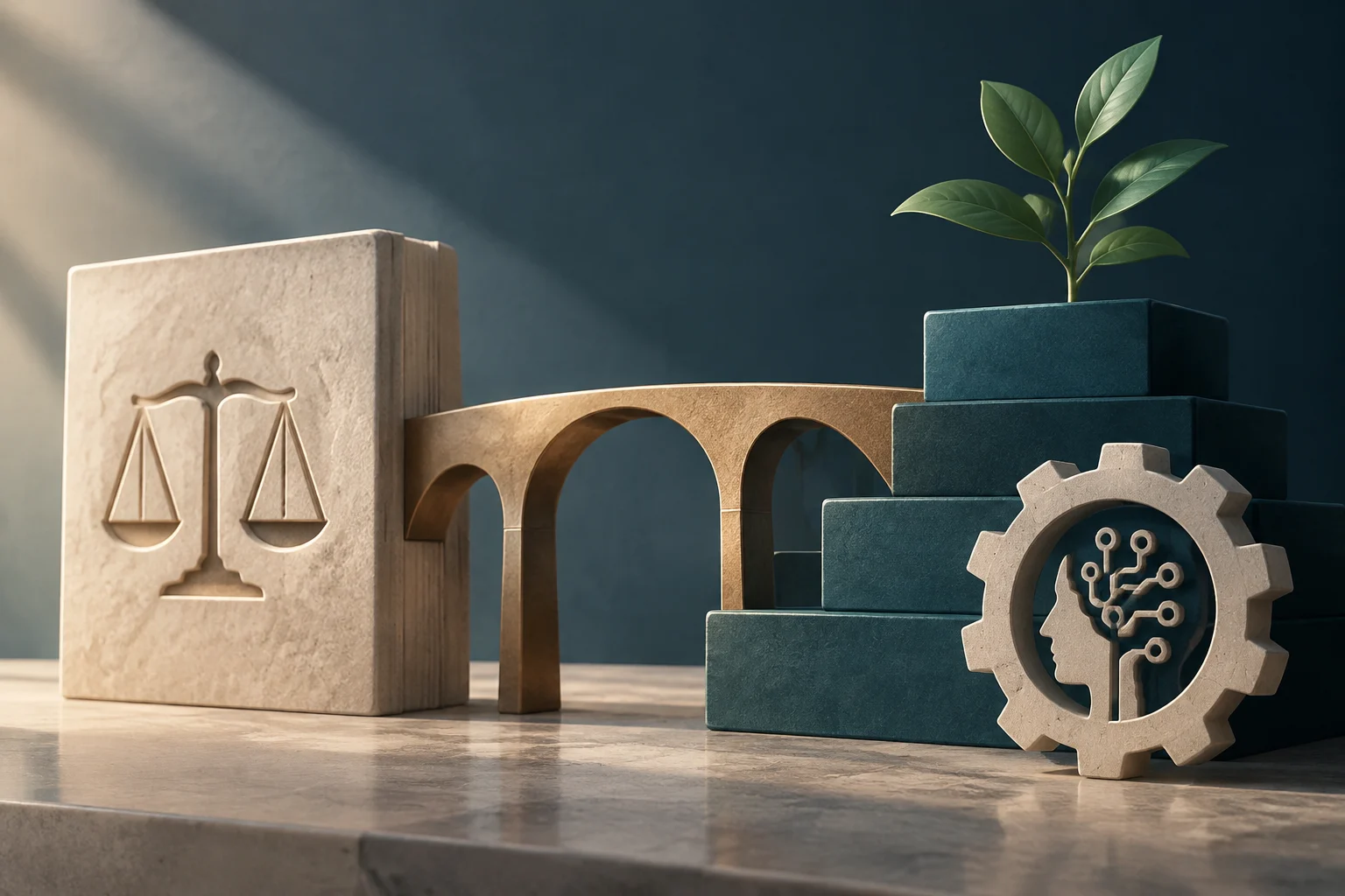 Ilustración conceptual de un bloque de piedra con una balanza tallada, una estructura de arcos y varios bloques escalonados que sostienen un brote. En primer plano, un engranaje contiene un perfil de cabeza formado por circuitos.