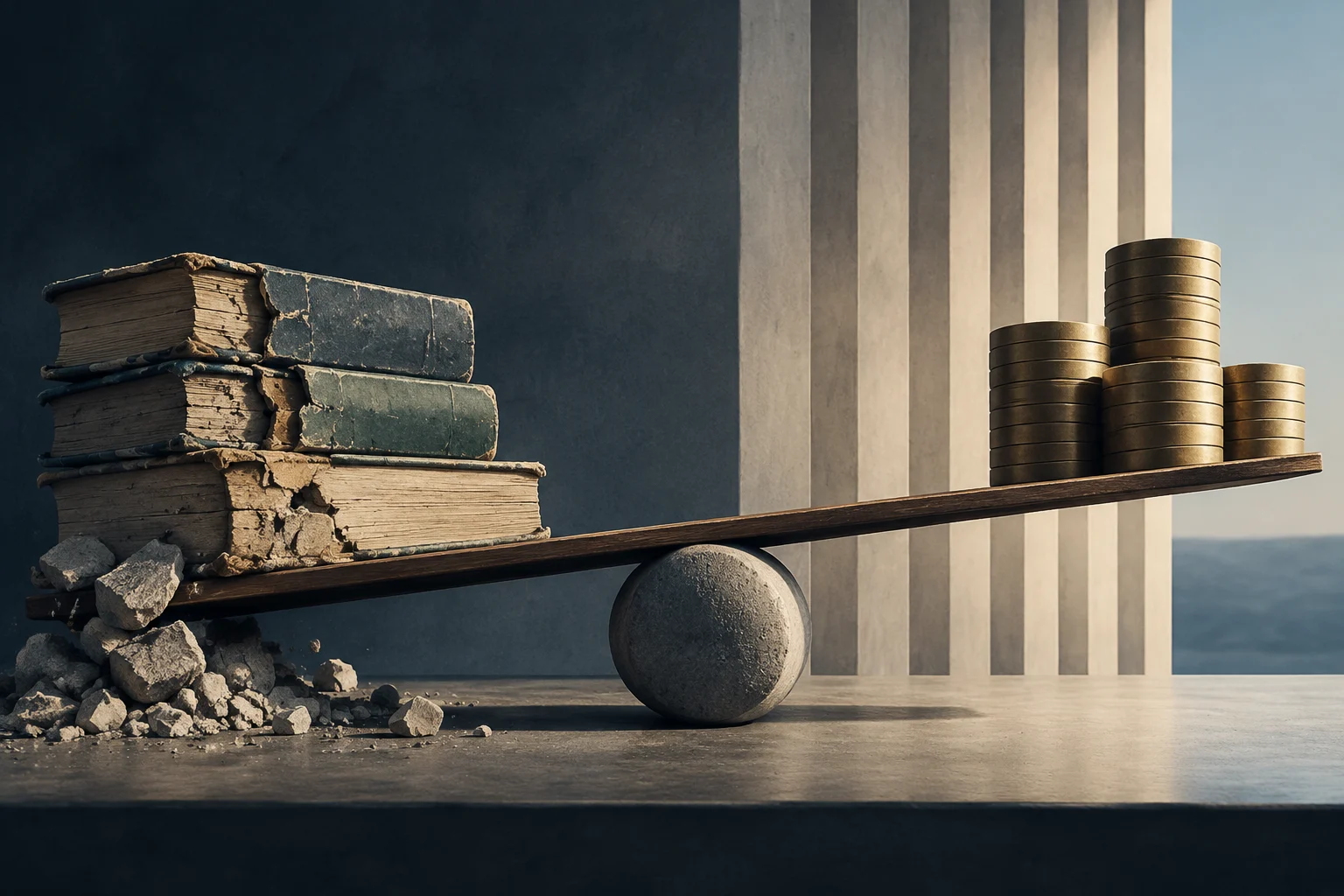 Libros viejos y dañados y escombros ocupan un extremo de una balanza; en el otro hay pilas de monedas. La balanza se apoya en una esfera de piedra.