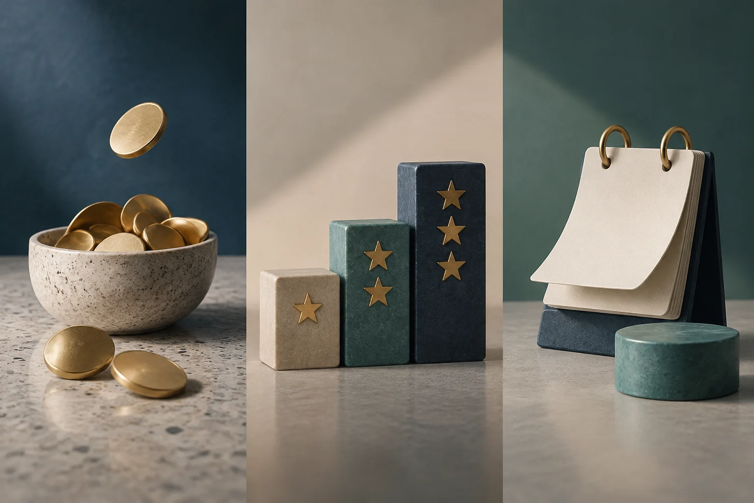 Composición en tres paneles: monedas doradas dentro y alrededor de un cuenco; tres bloques de distintas alturas con estrellas doradas; y un calendario de sobremesa en blanco.