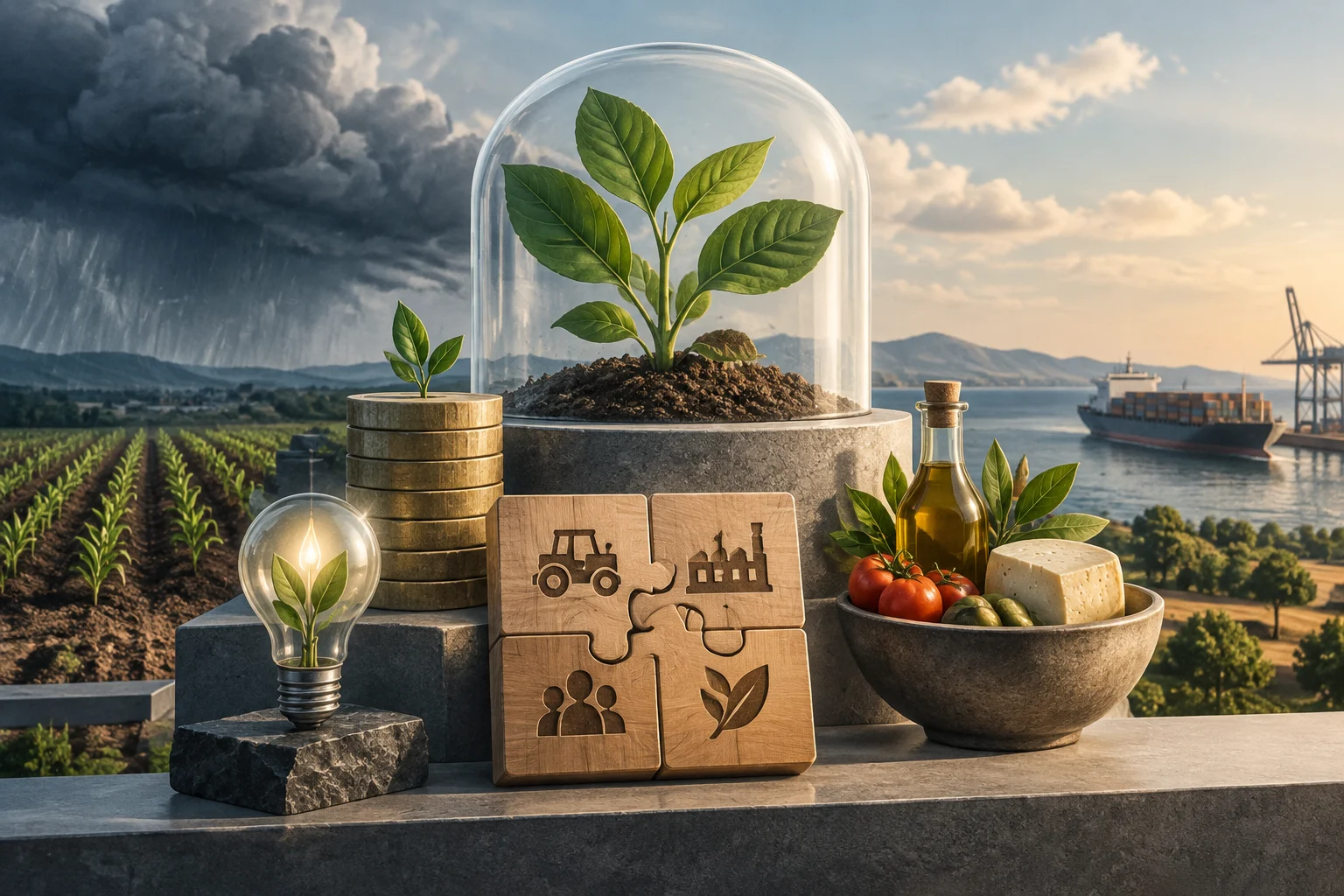 Composición conceptual con cultivos bajo un cielo tormentoso, una planta dentro de una campana de cristal, una bombilla con un brote, piezas de madera con símbolos de agricultura, industria, personas y hojas, y un cuenco de alimentos junto a un barco en un puerto.