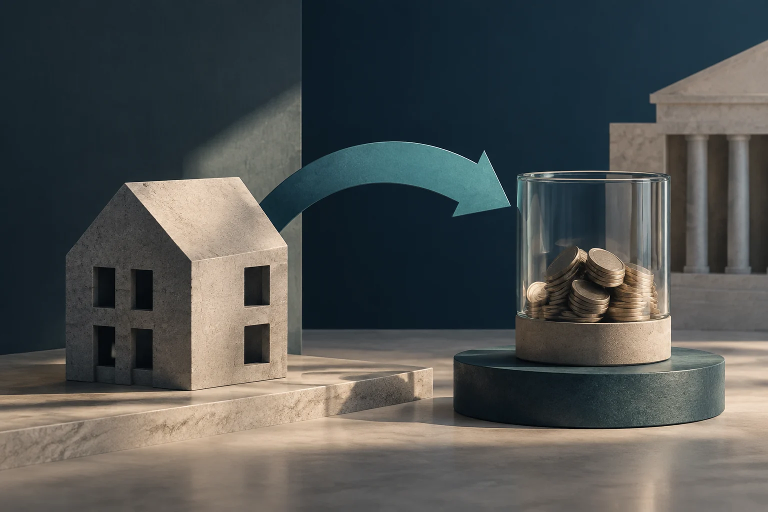 Una casa de piedra y un recipiente de vidrio con monedas están unidos por una flecha curva; al fondo se ve un edificio con columnas.