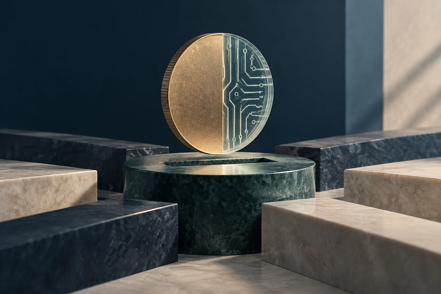 Una moneda vertical, con una mitad dorada y otra translúcida con circuitos, flota sobre una base circular de piedra oscura, rodeada de bloques de piedra.