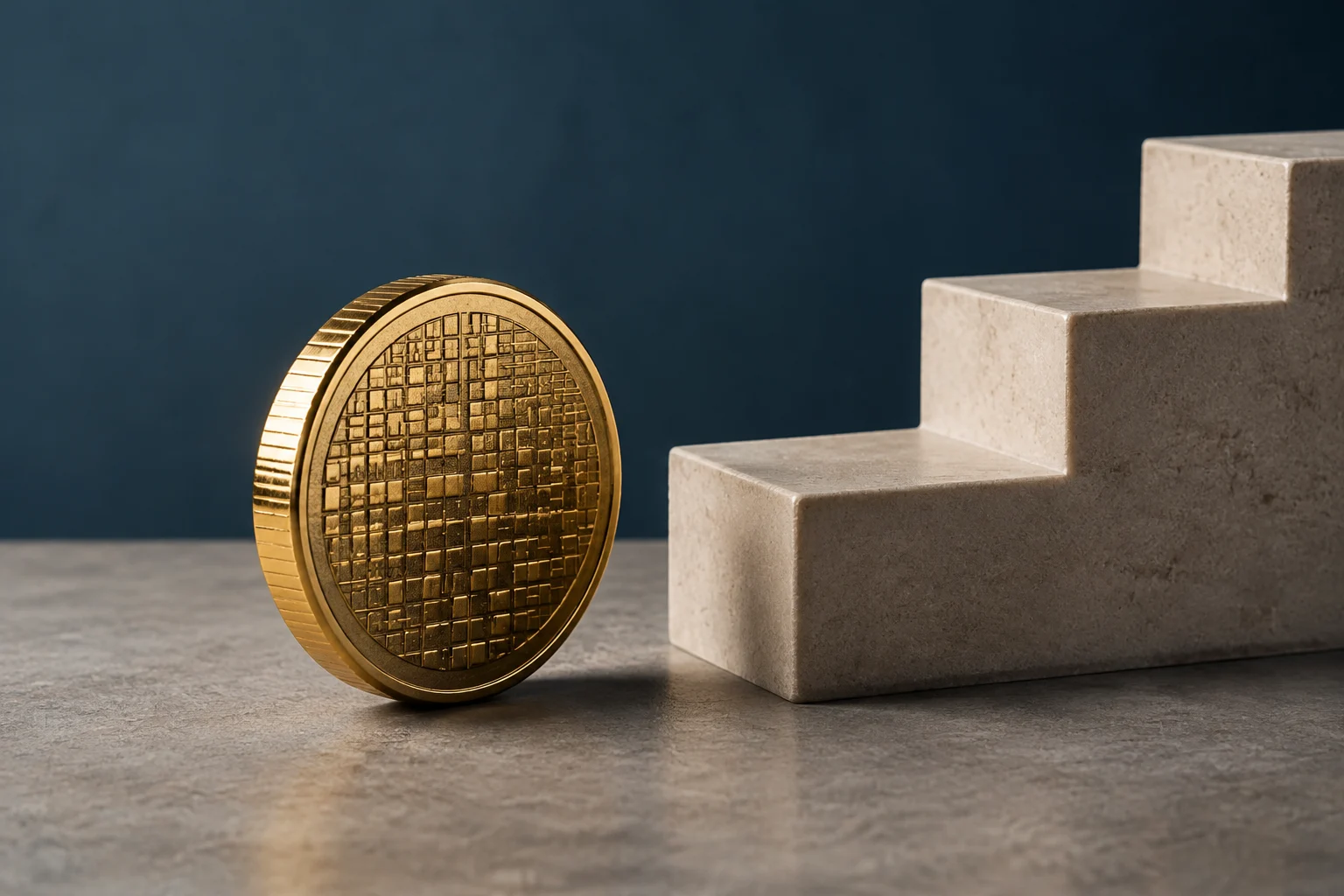 Una moneda dorada con un patrón geométrico está de pie junto a una escalera de piedra de varios peldaños, sobre una superficie gris.