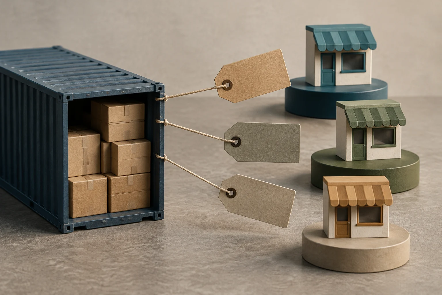 Un contenedor abierto con cajas se conecta mediante cuerdas y etiquetas de cartón en blanco a tres pequeñas tiendas de distintos colores, colocadas sobre plataformas.