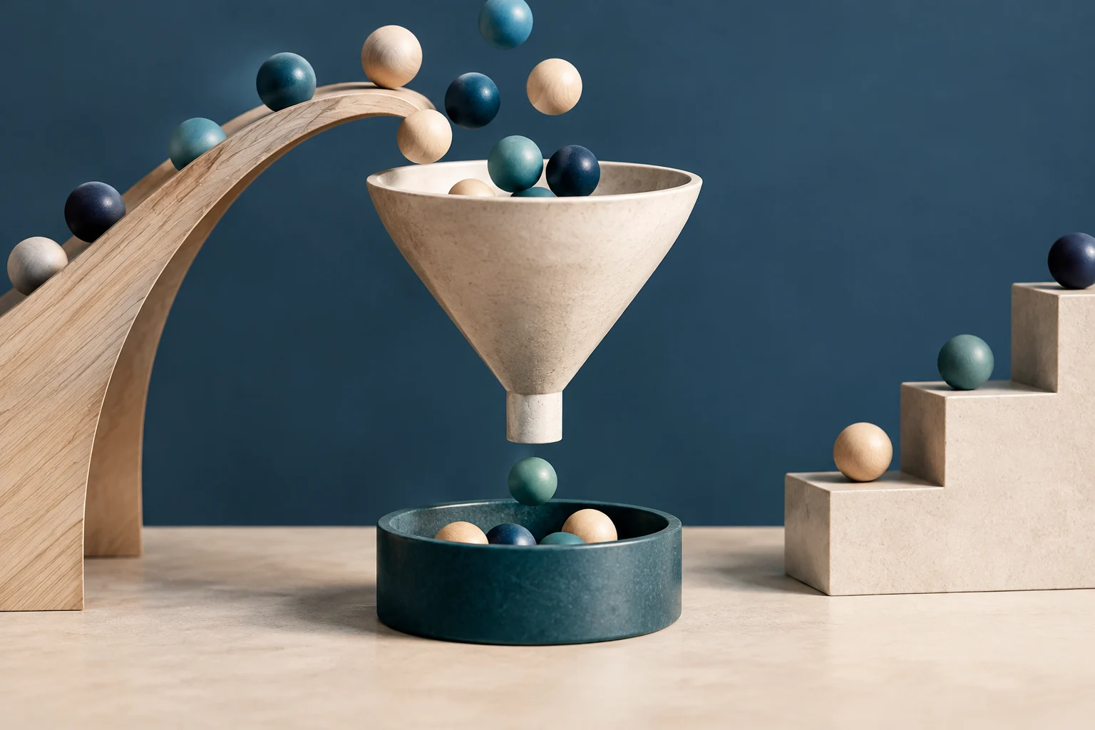 Ilustración conceptual de un embudo de piedra con esferas de colores que caen desde una rampa de madera hacia un recipiente, junto a una escalera de bloques.
