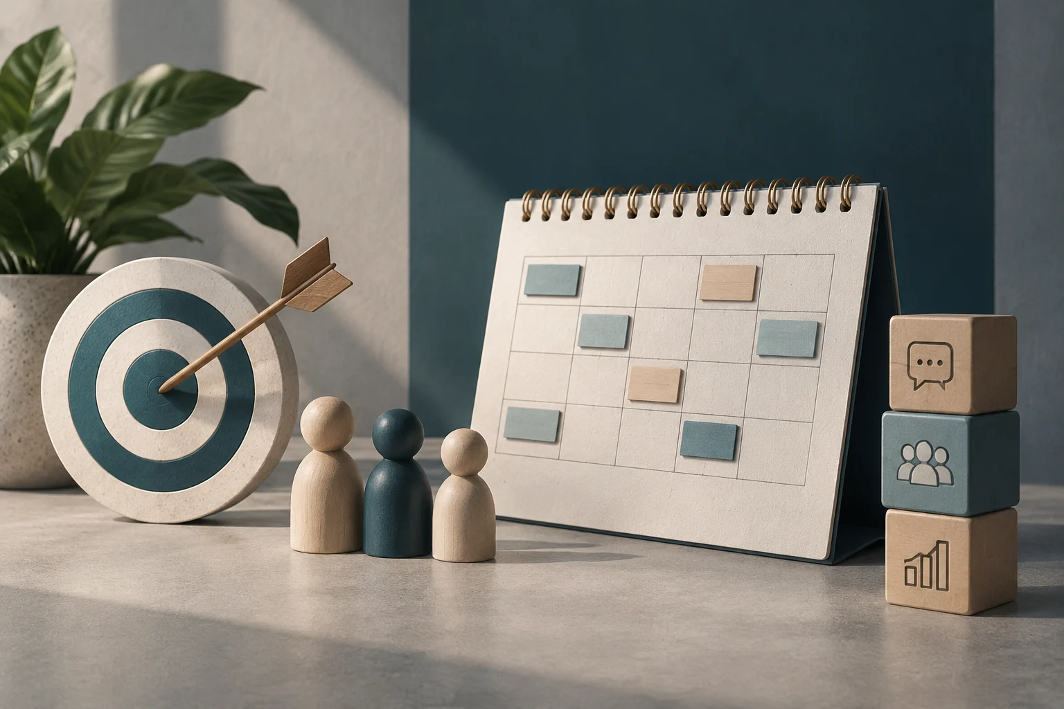 Ilustración conceptual de un calendario de sobremesa con notas de colores, un blanco atravesado por una flecha y figuras de madera; a un lado hay bloques con símbolos de conversación, audiencia y métricas.