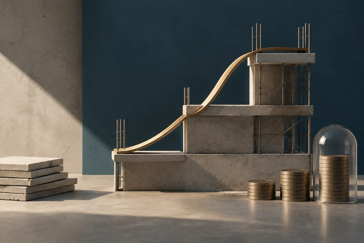 Ilustración conceptual de una estructura de construcción de hormigón con una curva dorada ascendente superpuesta, acompañada de pilas de monedas y una campana de cristal sobre una pila de monedas.