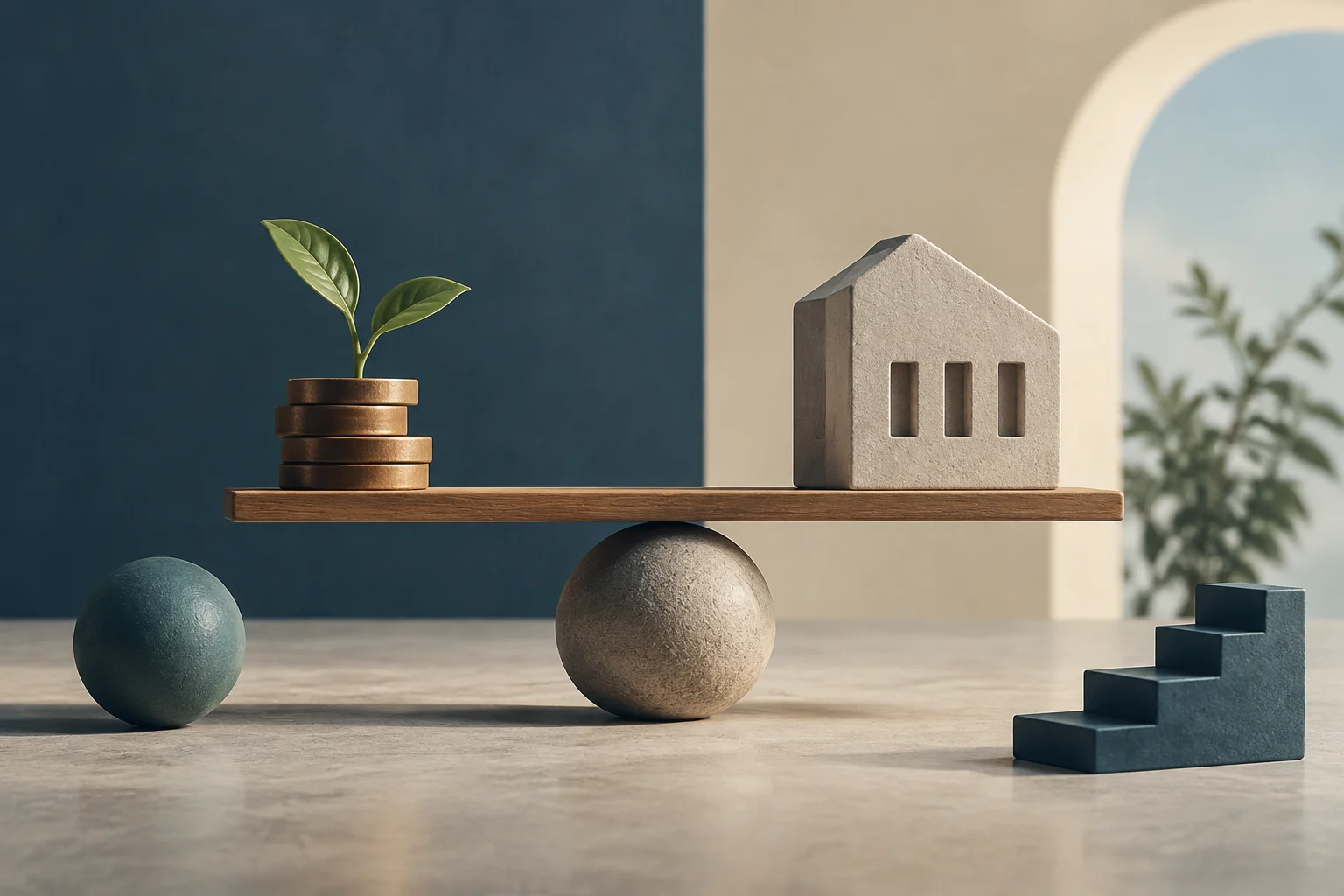 Una balanza de madera sostiene una pila de monedas con un pequeño brote verde en un extremo y una figura de casa de piedra en el otro. Debajo hay una esfera que sirve de apoyo; a un lado, una esfera azul y una escalera de varios peldaños.
