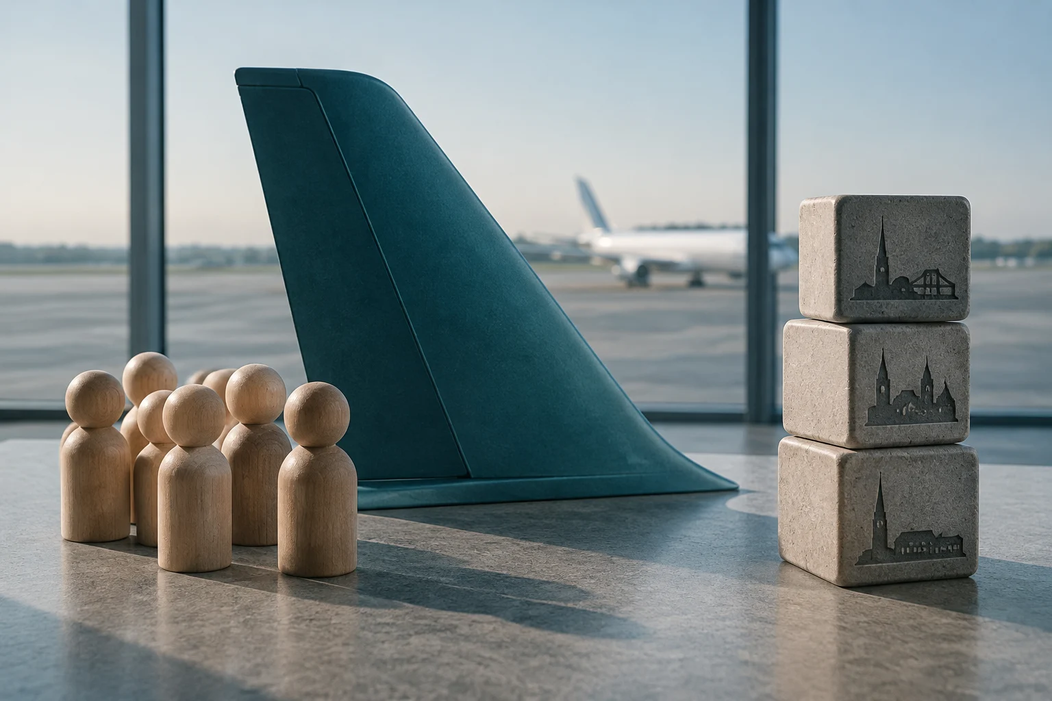 Figuras de madera genéricas, una aleta de avión de color verde azulado y una pila de tres bloques de piedra con siluetas de edificios grabados, situados sobre una mesa con un avión desenfocado al fondo.